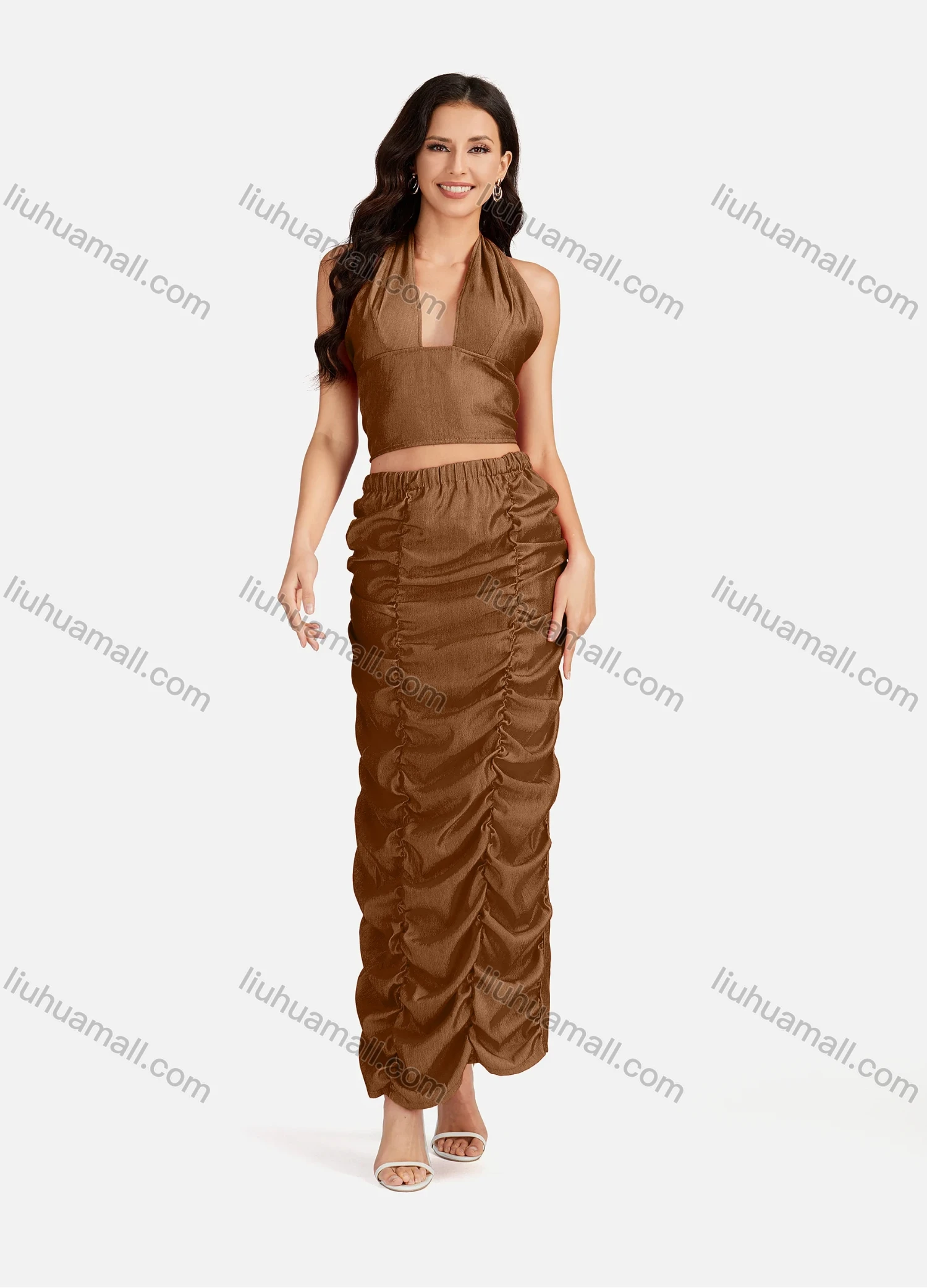 Wholesale Women's Sexy Plain Halter Open Back Zip Crop Top & Ruched Split Hem Maxi Skirt 2 Pieces Set - Liuhuamall