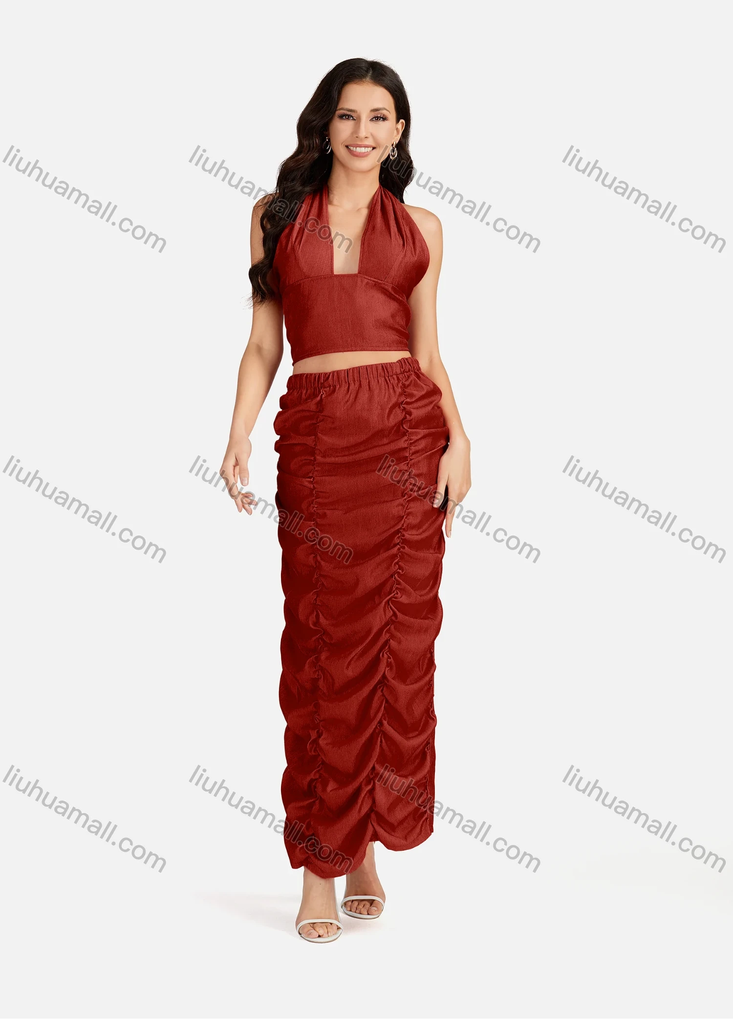 Wholesale Women's Sexy Plain Halter Open Back Zip Crop Top & Ruched Split Hem Maxi Skirt 2 Pieces Set - Liuhuamall