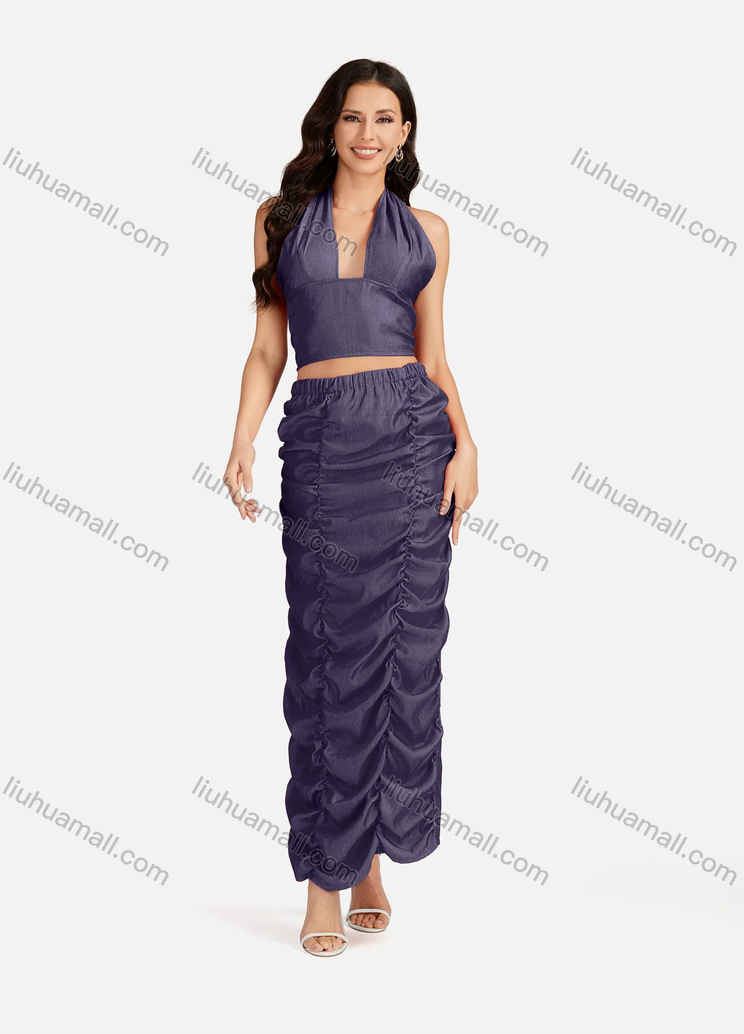 Wholesale Women's Sexy Plain Halter Open Back Zip Crop Top & Ruched Split Hem Maxi Skirt 2 Pieces Set - Liuhuamall