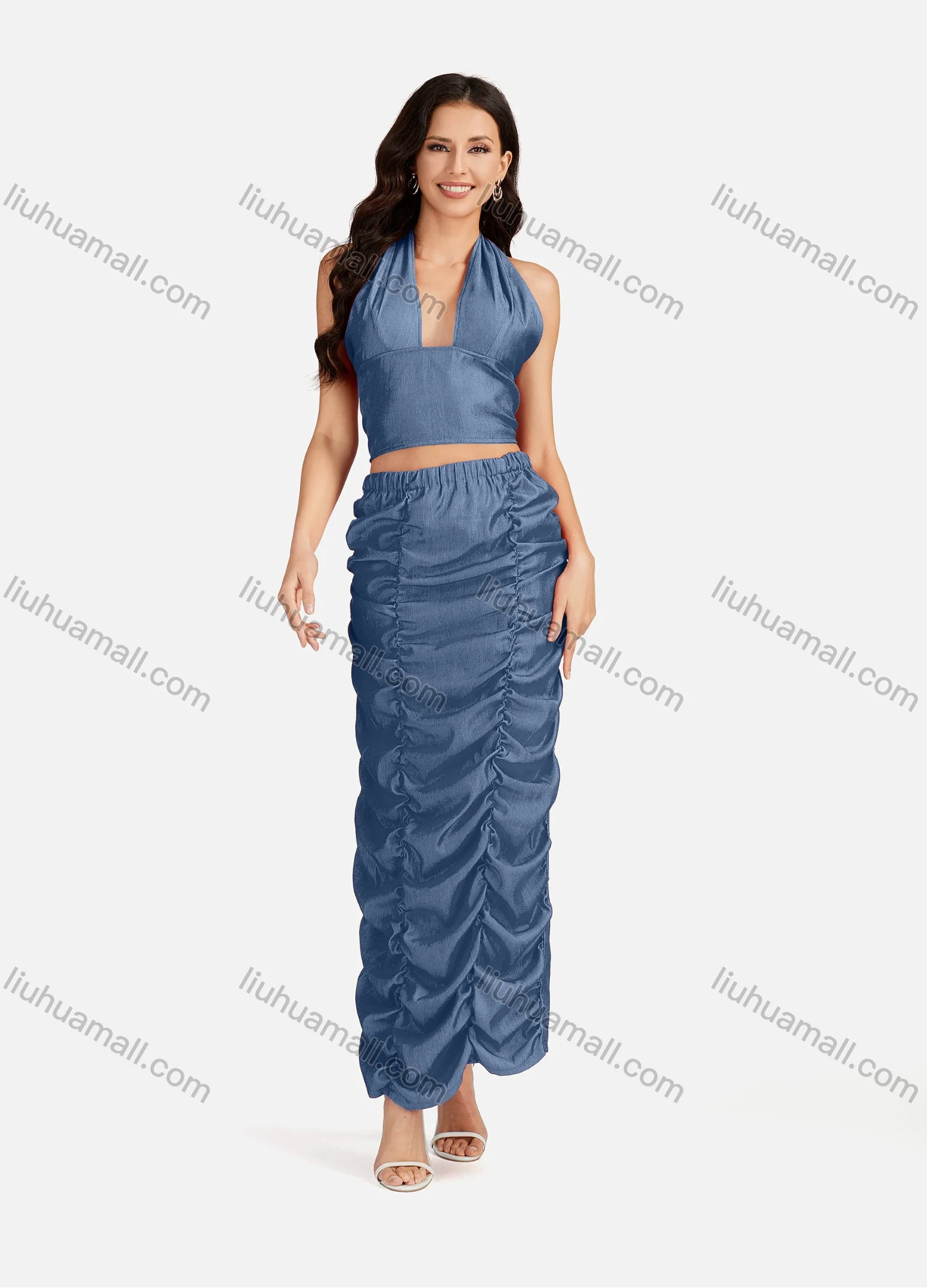 Wholesale Women's Sexy Plain Halter Open Back Zip Crop Top & Ruched Split Hem Maxi Skirt 2 Pieces Set - Liuhuamall