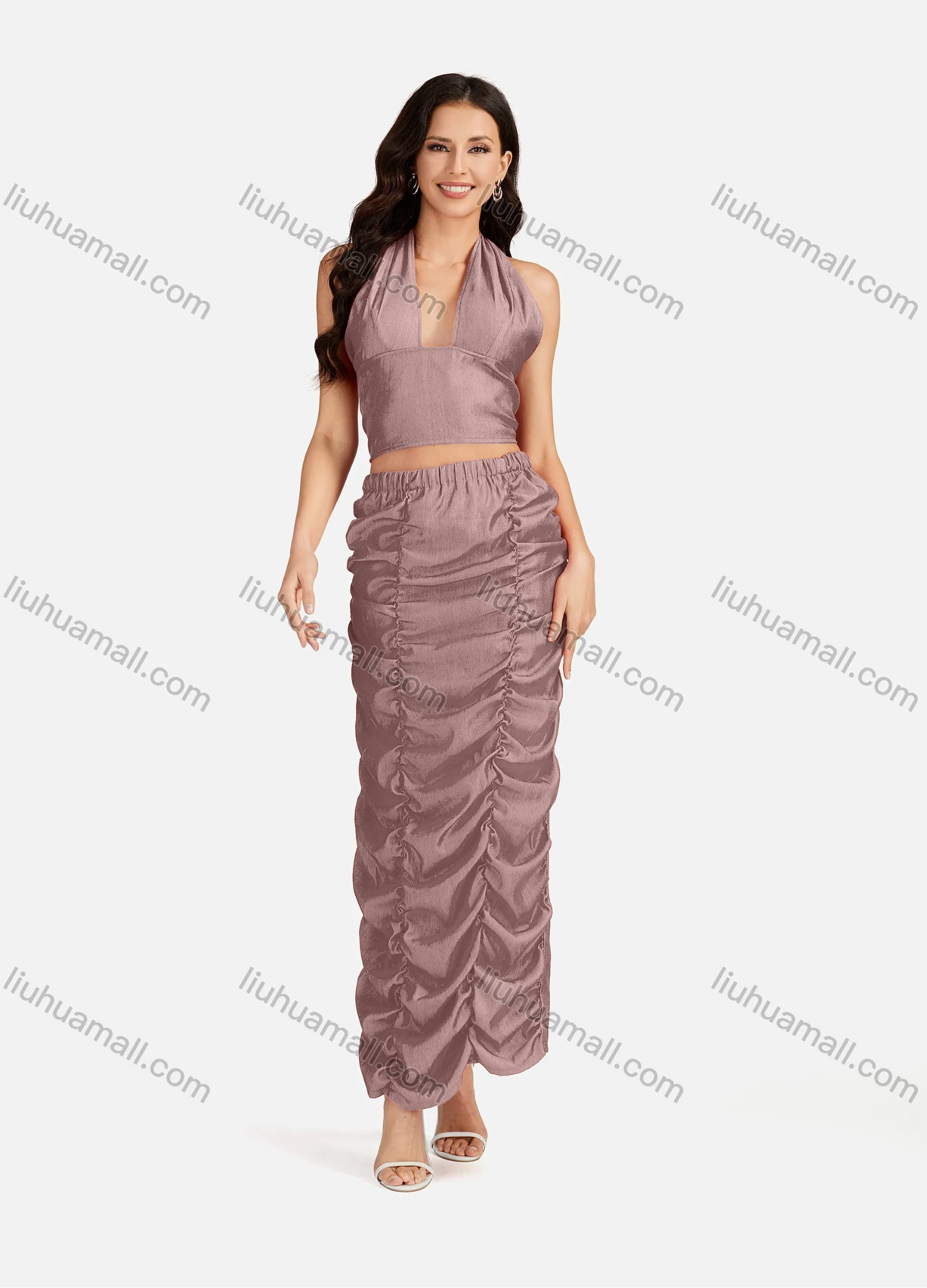 Wholesale Women's Sexy Plain Halter Open Back Zip Crop Top & Ruched Split Hem Maxi Skirt 2 Pieces Set - Liuhuamall