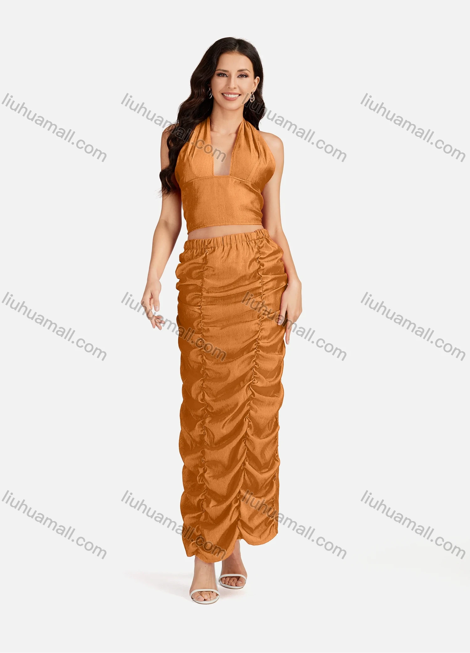 Wholesale Women's Sexy Plain Halter Open Back Zip Crop Top & Ruched Split Hem Maxi Skirt 2 Pieces Set - Liuhuamall