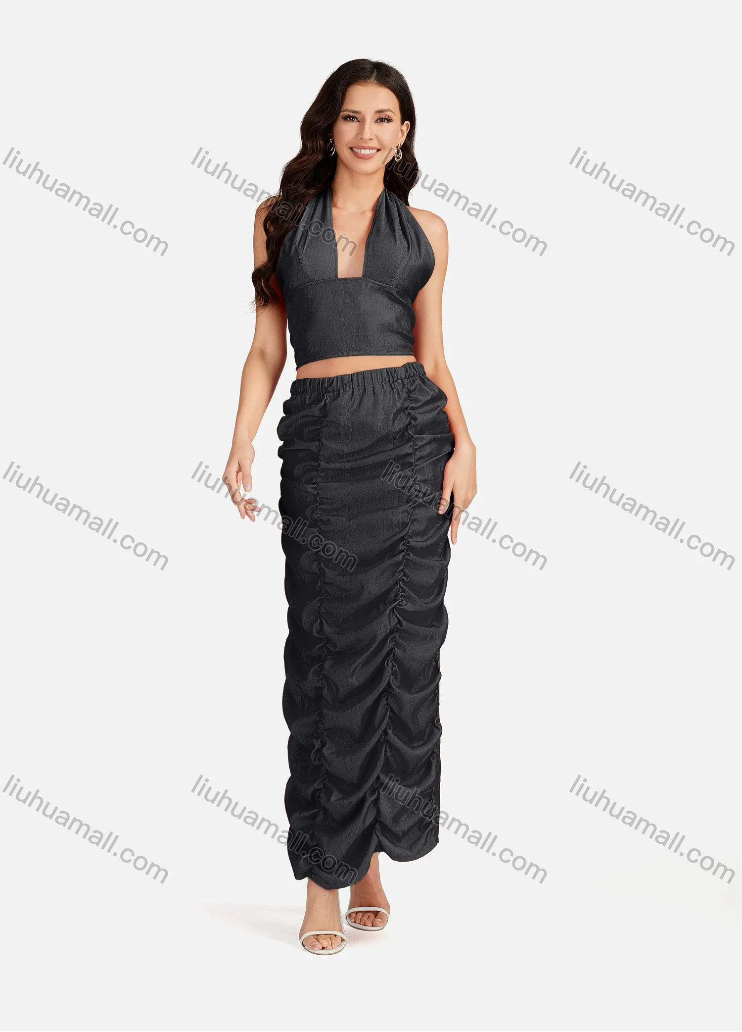 Wholesale Women's Sexy Plain Halter Open Back Zip Crop Top & Ruched Split Hem Maxi Skirt 2 Pieces Set - Liuhuamall