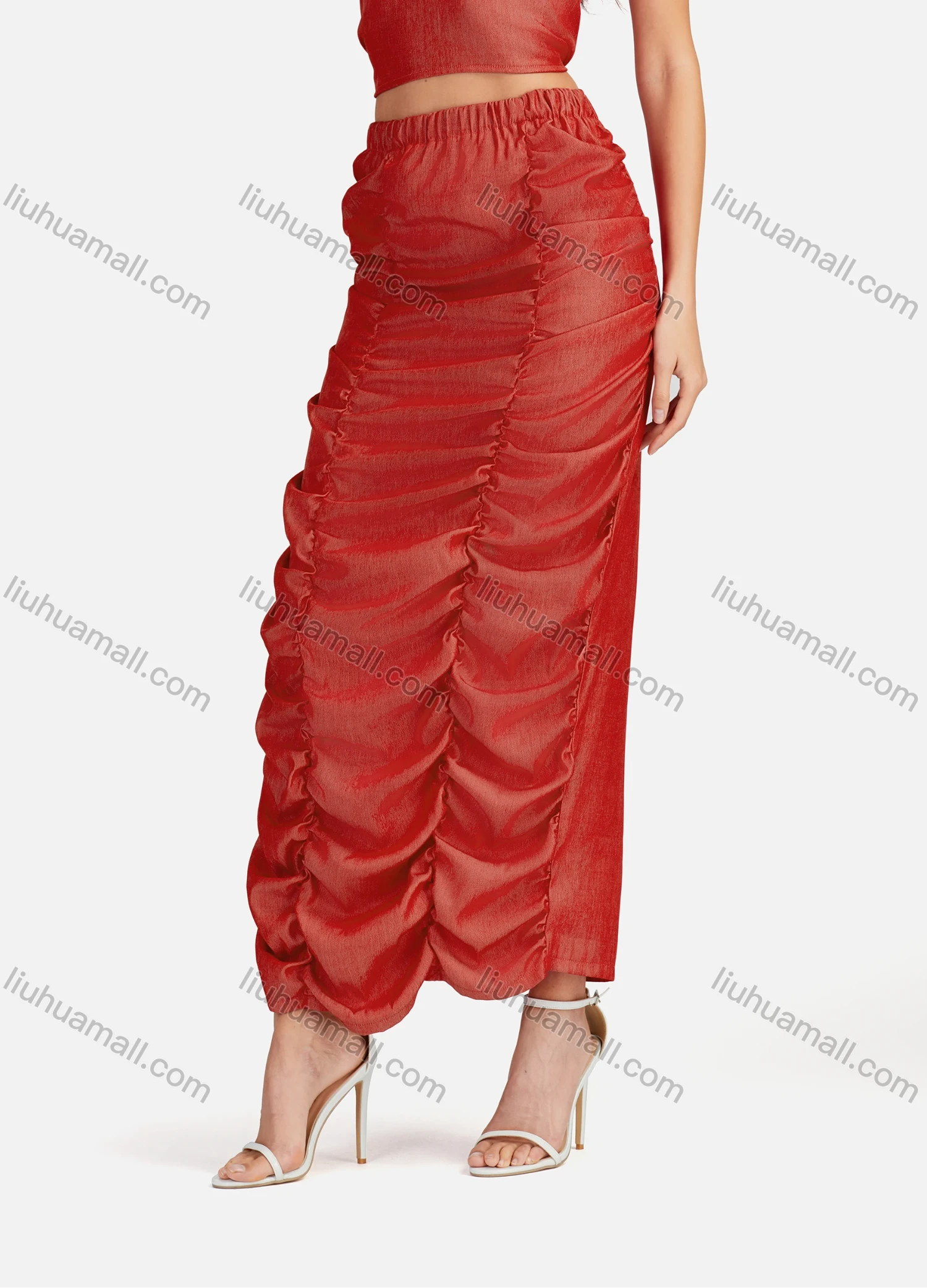 Wholesale Women's Sexy Plain Halter Open Back Zip Crop Top & Ruched Split Hem Maxi Skirt 2 Pieces Set - Liuhuamall