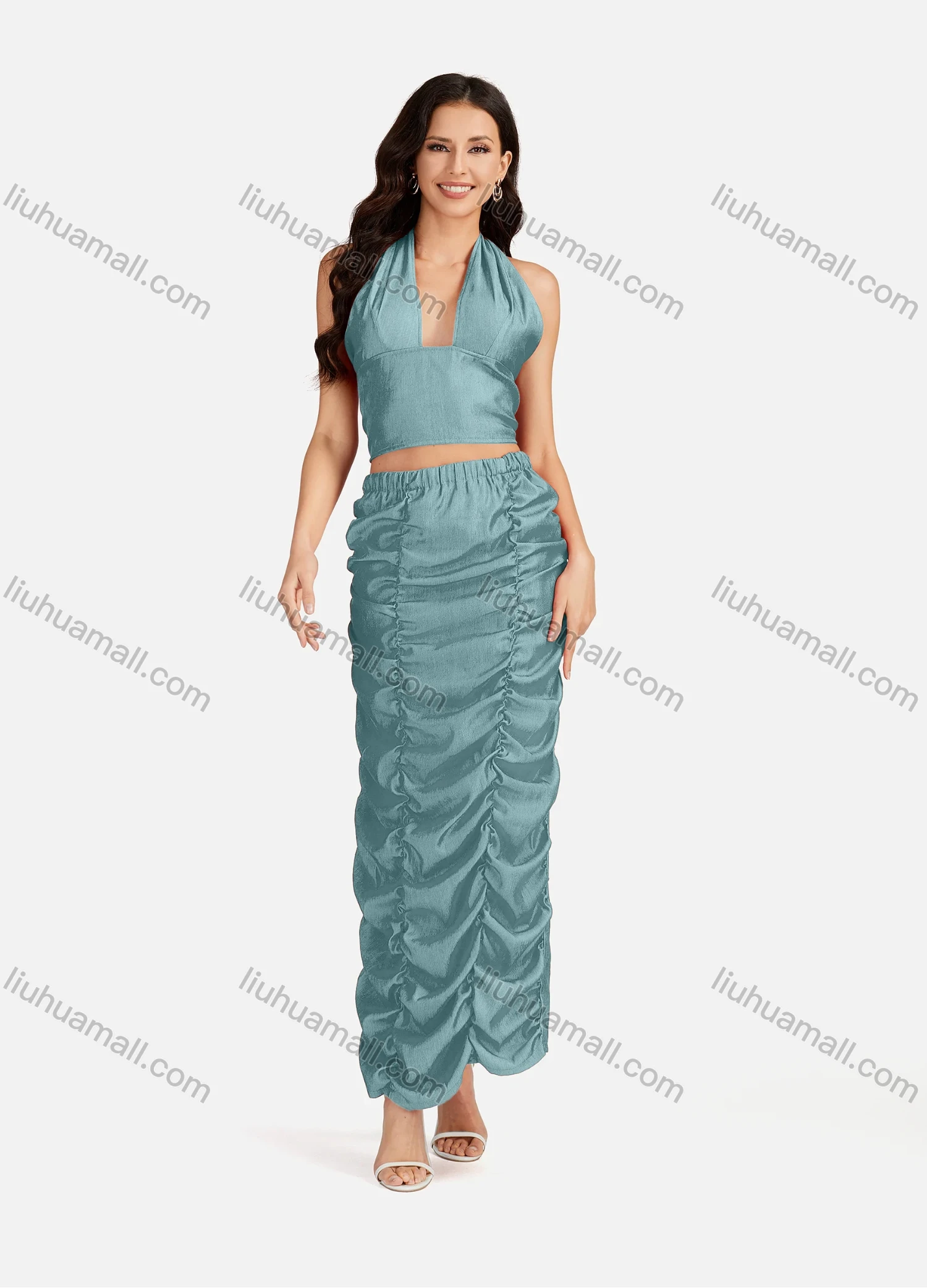 Wholesale Women's Sexy Plain Halter Open Back Zip Crop Top & Ruched Split Hem Maxi Skirt 2 Pieces Set - Liuhuamall