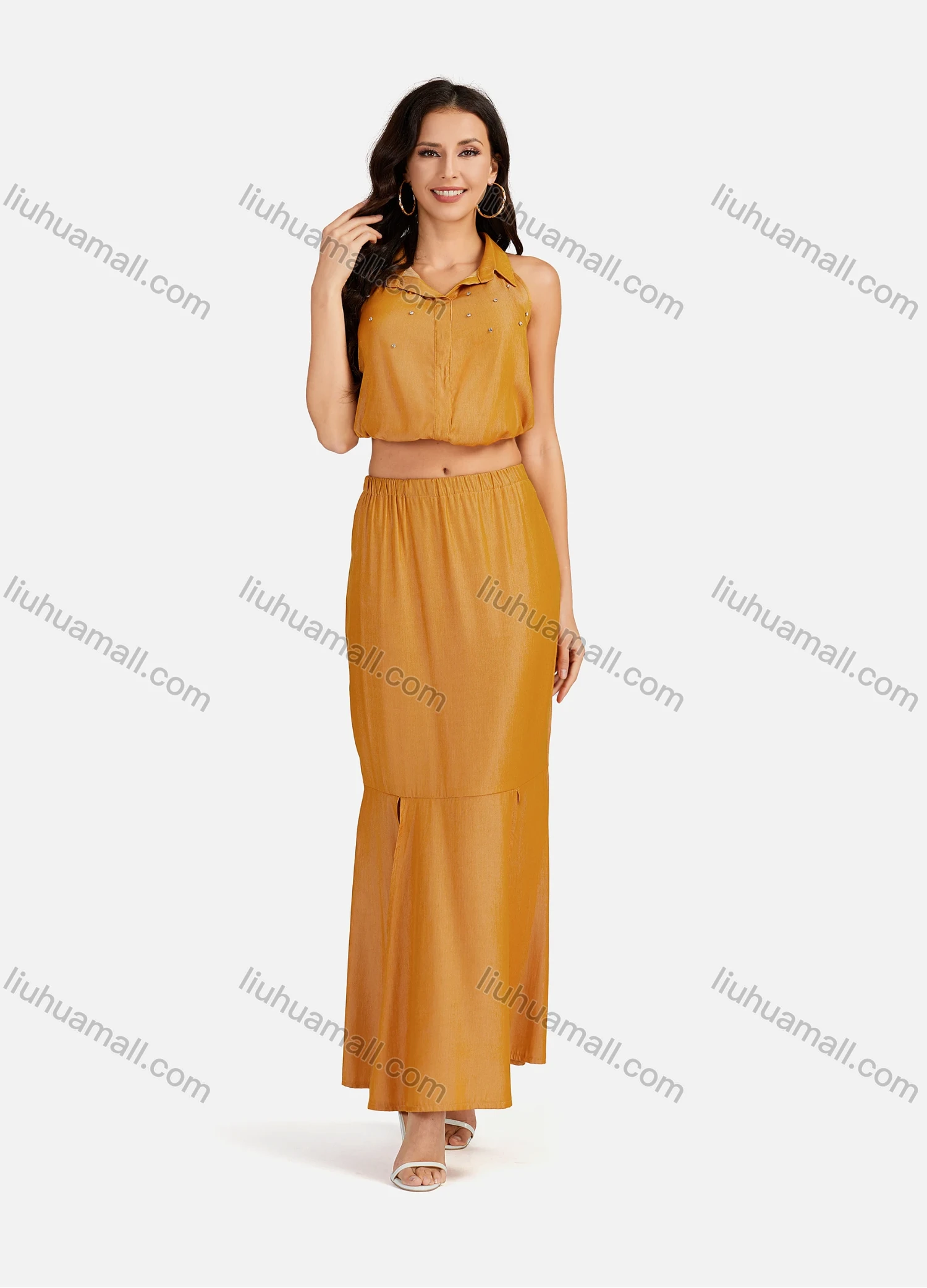 Wholesale Women's Casual Plain Collared Rhinestone Crop Top & Ruffle Split Hem Maxi Skirt 2 Pieces Set - Liuhuamall