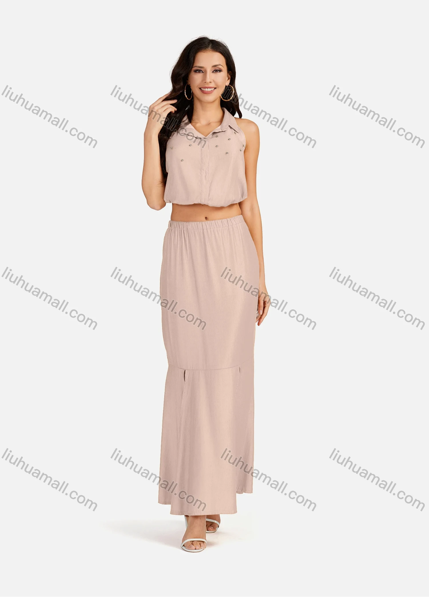 Wholesale Women's Casual Plain Collared Rhinestone Crop Top & Ruffle Split Hem Maxi Skirt 2 Pieces Set - Liuhuamall
