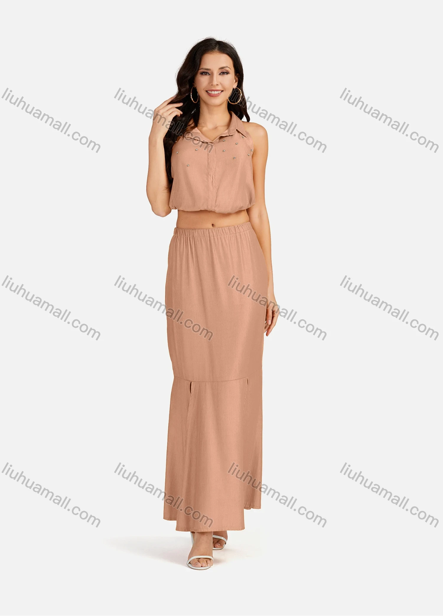 Wholesale Women's Casual Plain Collared Rhinestone Crop Top & Ruffle Split Hem Maxi Skirt 2 Pieces Set - Liuhuamall