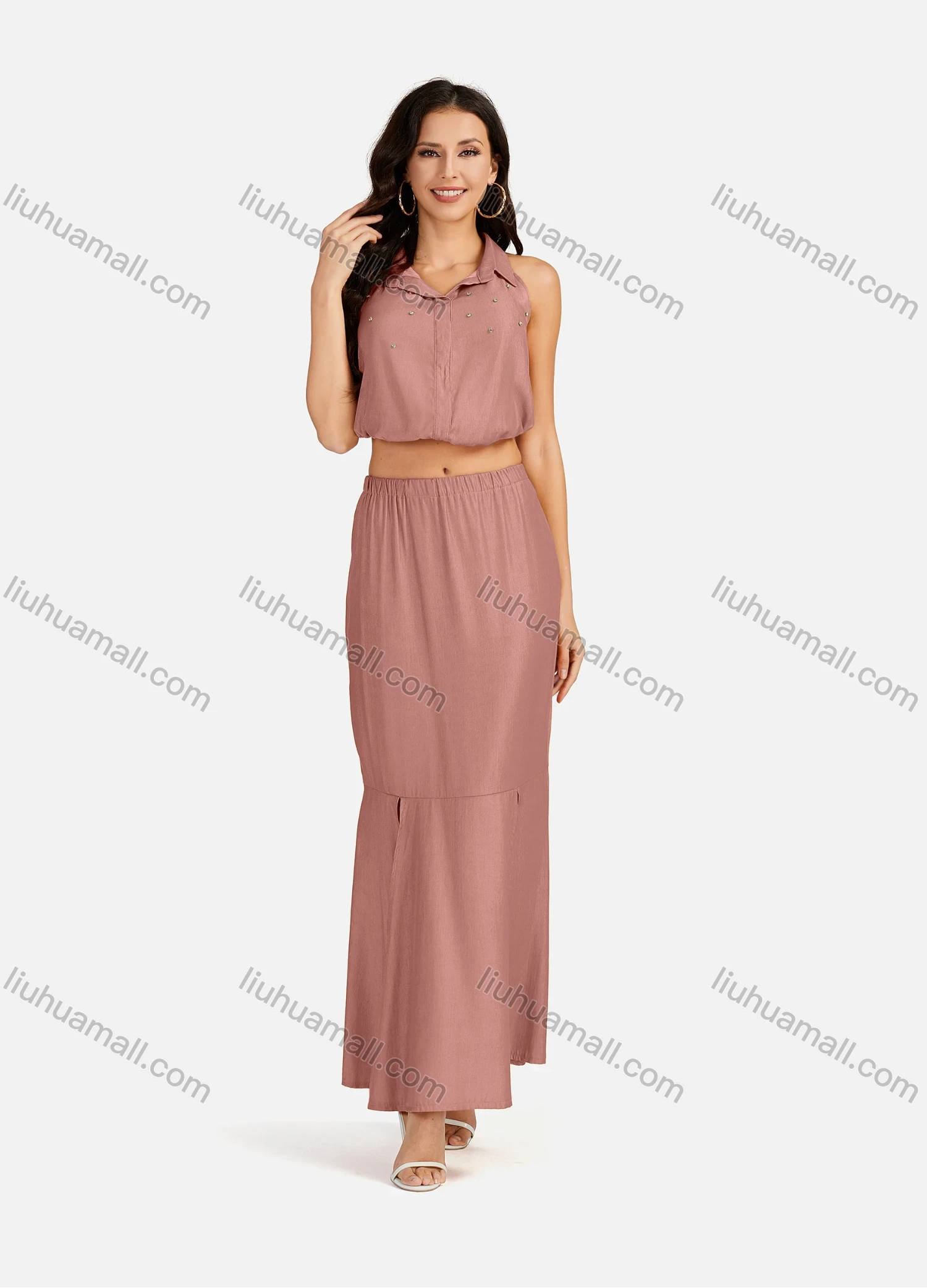 Wholesale Women's Casual Plain Collared Rhinestone Crop Top & Ruffle Split Hem Maxi Skirt 2 Pieces Set - Liuhuamall