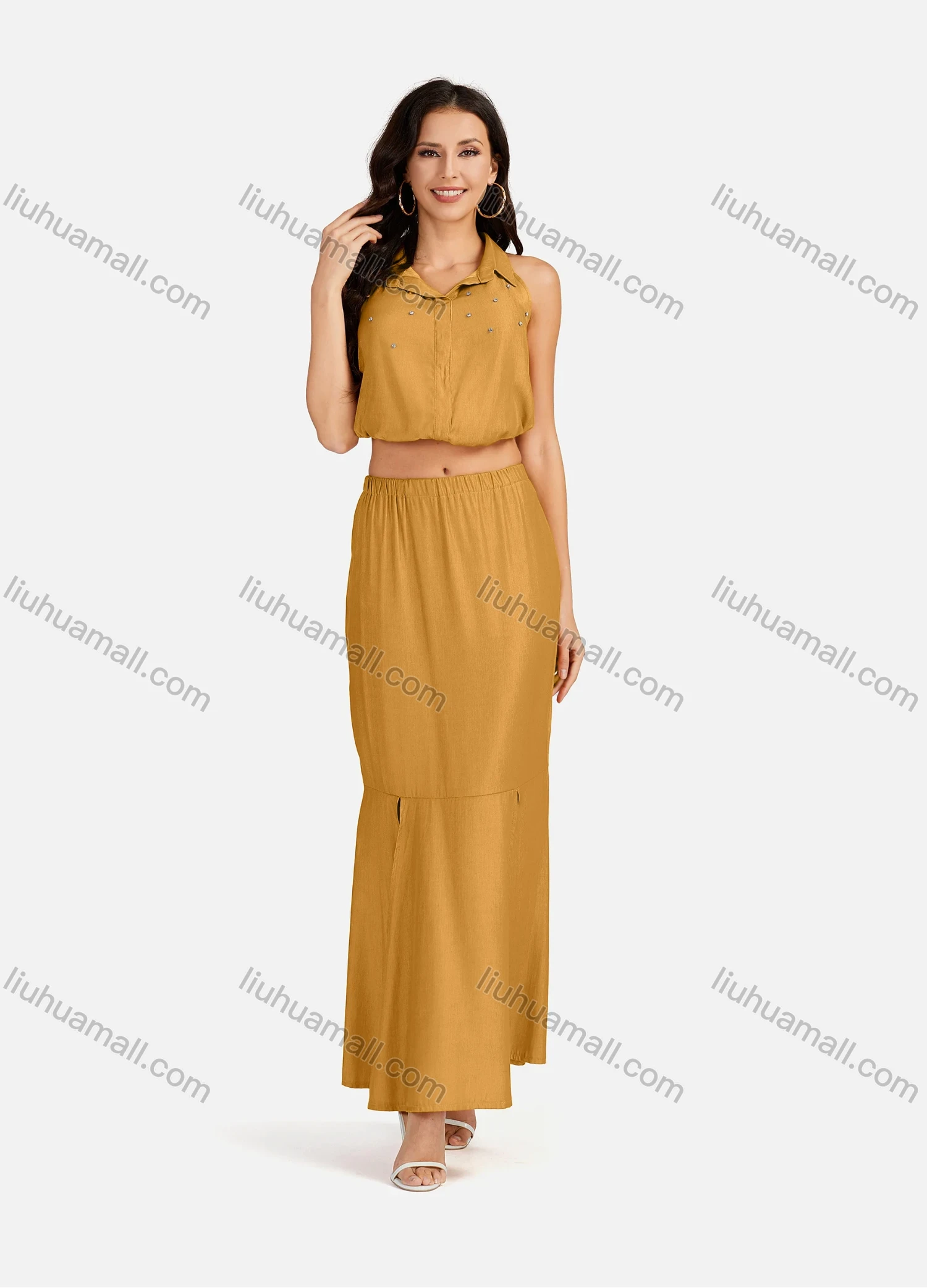 Wholesale Women's Casual Plain Collared Rhinestone Crop Top & Ruffle Split Hem Maxi Skirt 2 Pieces Set - Liuhuamall