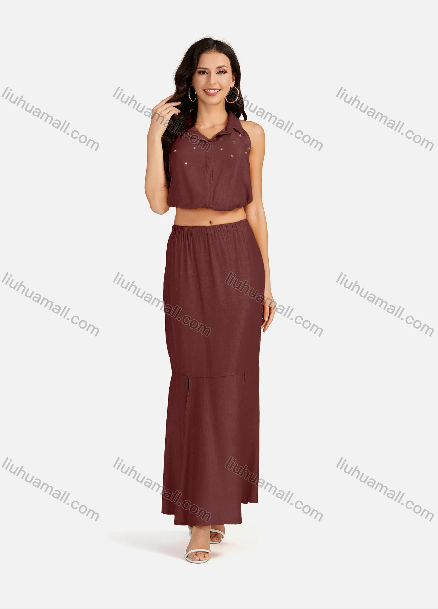 Wholesale Women's Casual Plain Collared Rhinestone Crop Top & Ruffle Split Hem Maxi Skirt 2 Pieces Set - Liuhuamall