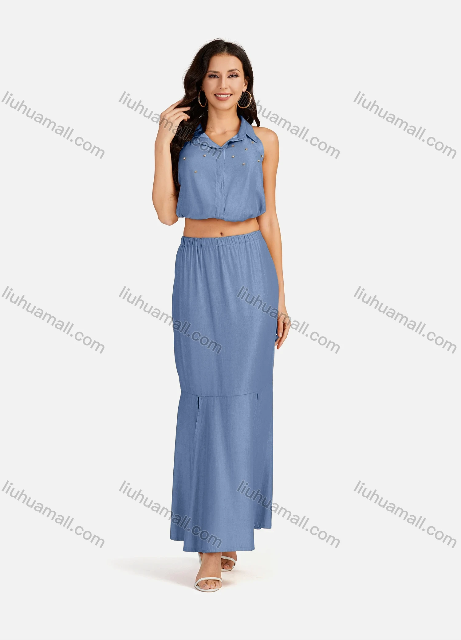 Wholesale Women's Casual Plain Collared Rhinestone Crop Top & Ruffle Split Hem Maxi Skirt 2 Pieces Set - Liuhuamall