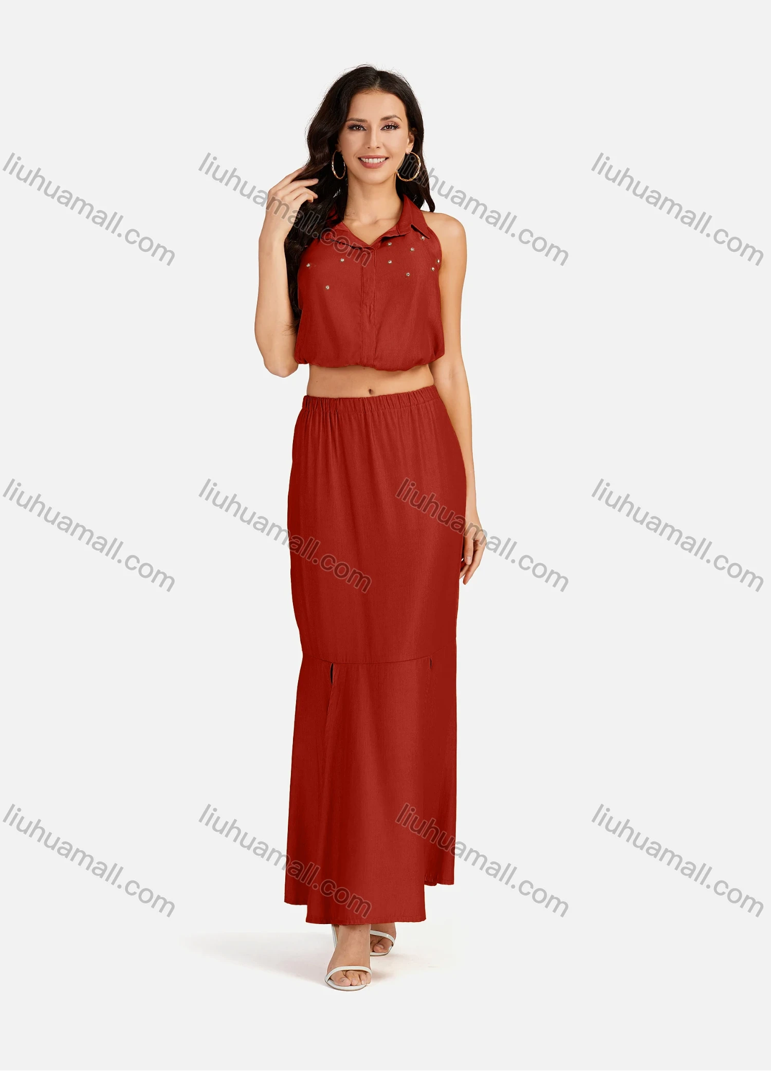 Wholesale Women's Casual Plain Collared Rhinestone Crop Top & Ruffle Split Hem Maxi Skirt 2 Pieces Set - Liuhuamall
