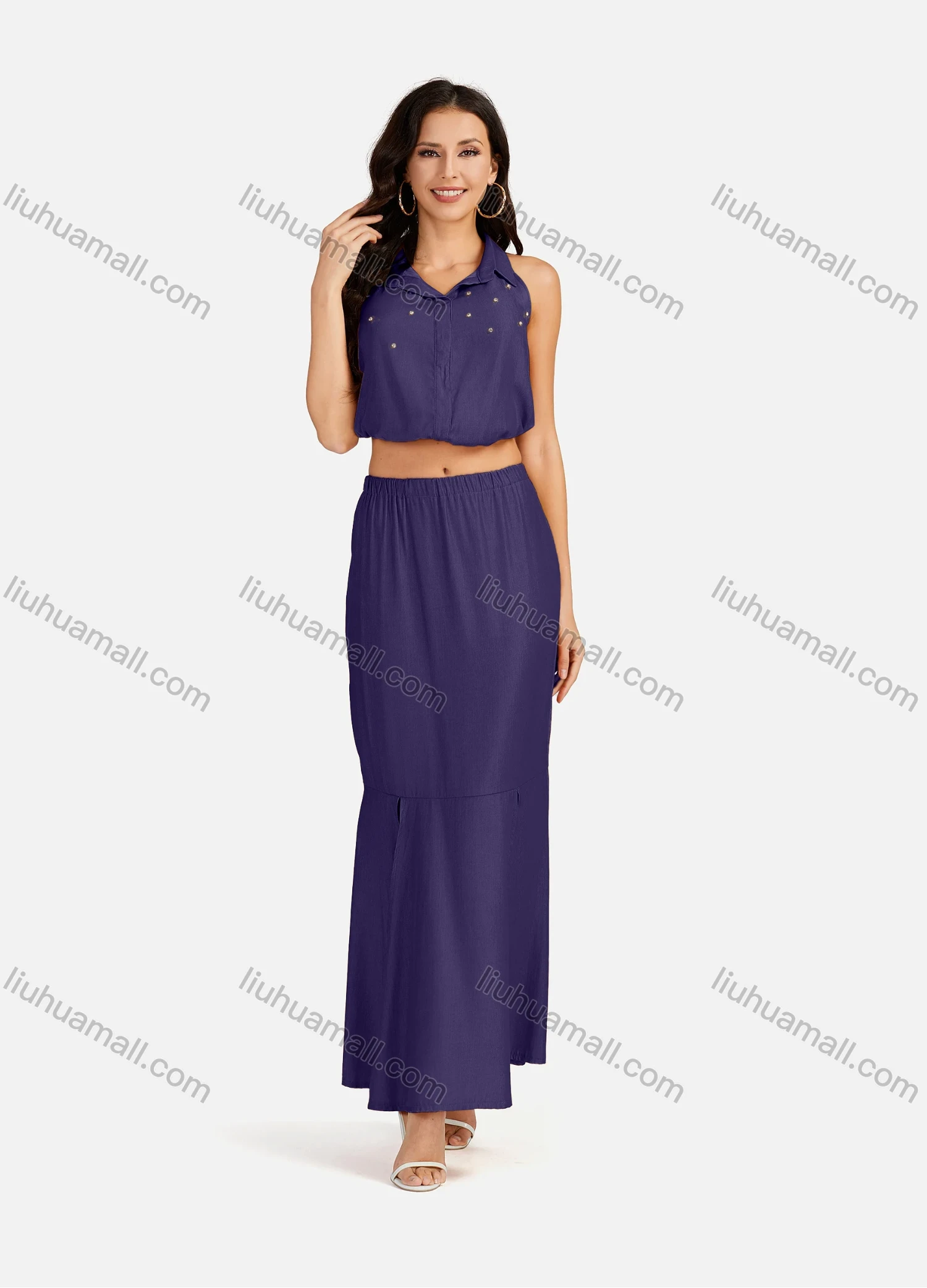 Wholesale Women's Casual Plain Collared Rhinestone Crop Top & Ruffle Split Hem Maxi Skirt 2 Pieces Set - Liuhuamall