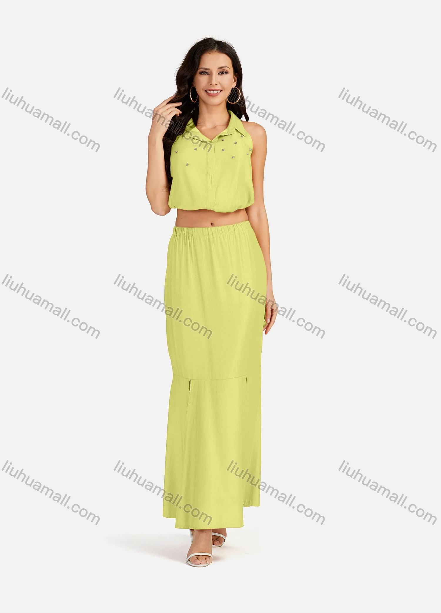 Wholesale Women's Casual Plain Collared Rhinestone Crop Top & Ruffle Split Hem Maxi Skirt 2 Pieces Set - Liuhuamall