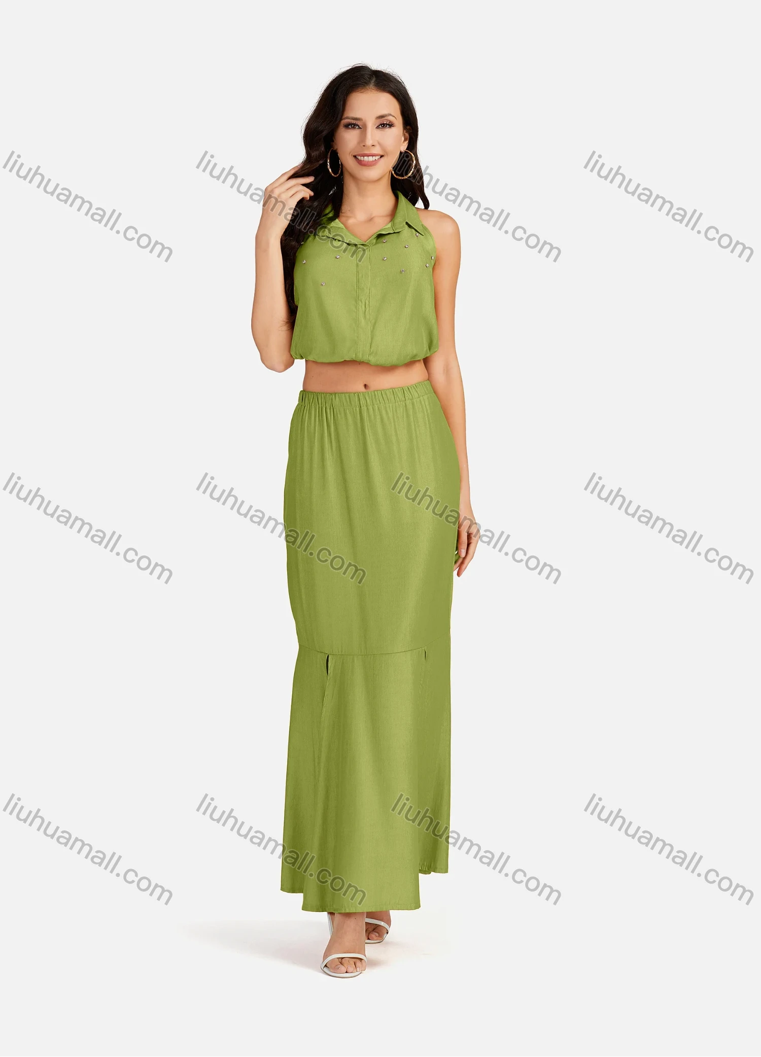 Wholesale Women's Casual Plain Collared Rhinestone Crop Top & Ruffle Split Hem Maxi Skirt 2 Pieces Set - Liuhuamall