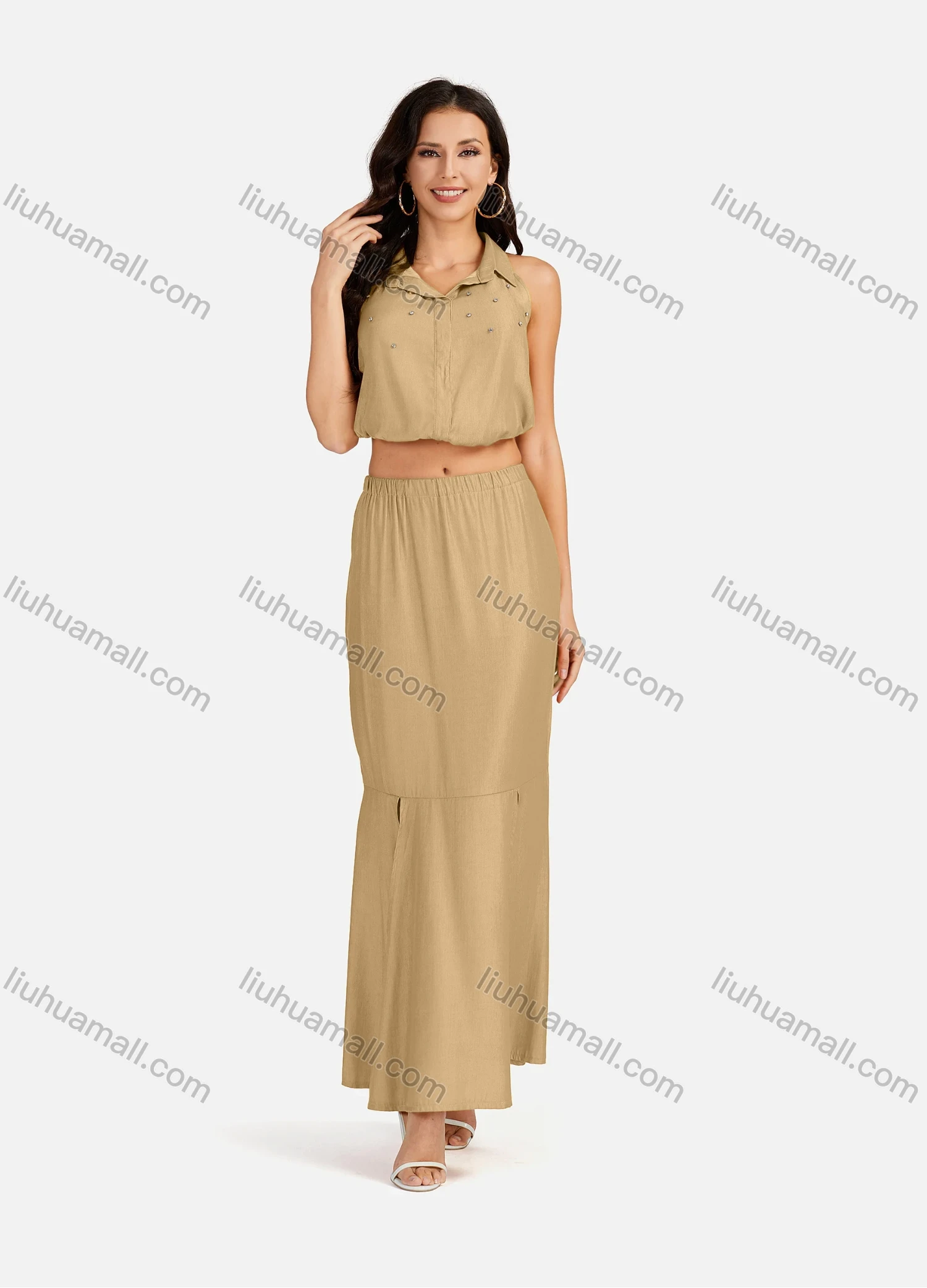 Wholesale Women's Casual Plain Collared Rhinestone Crop Top & Ruffle Split Hem Maxi Skirt 2 Pieces Set - Liuhuamall