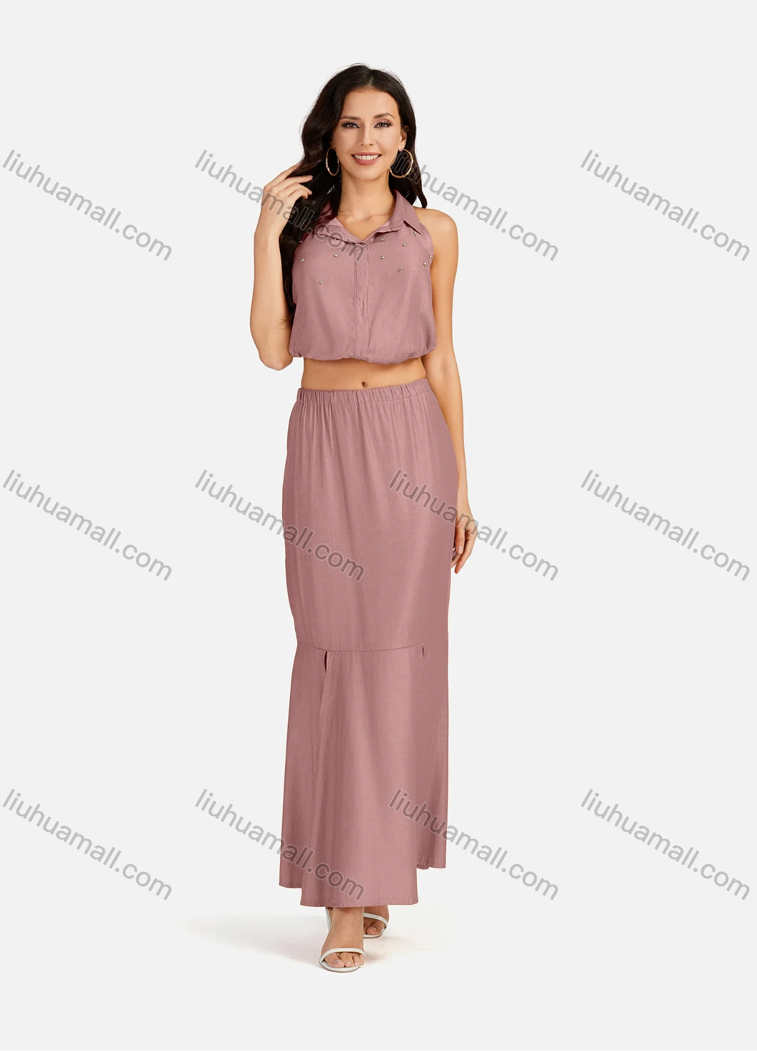 Wholesale Women's Casual Plain Collared Rhinestone Crop Top & Ruffle Split Hem Maxi Skirt 2 Pieces Set - Liuhuamall