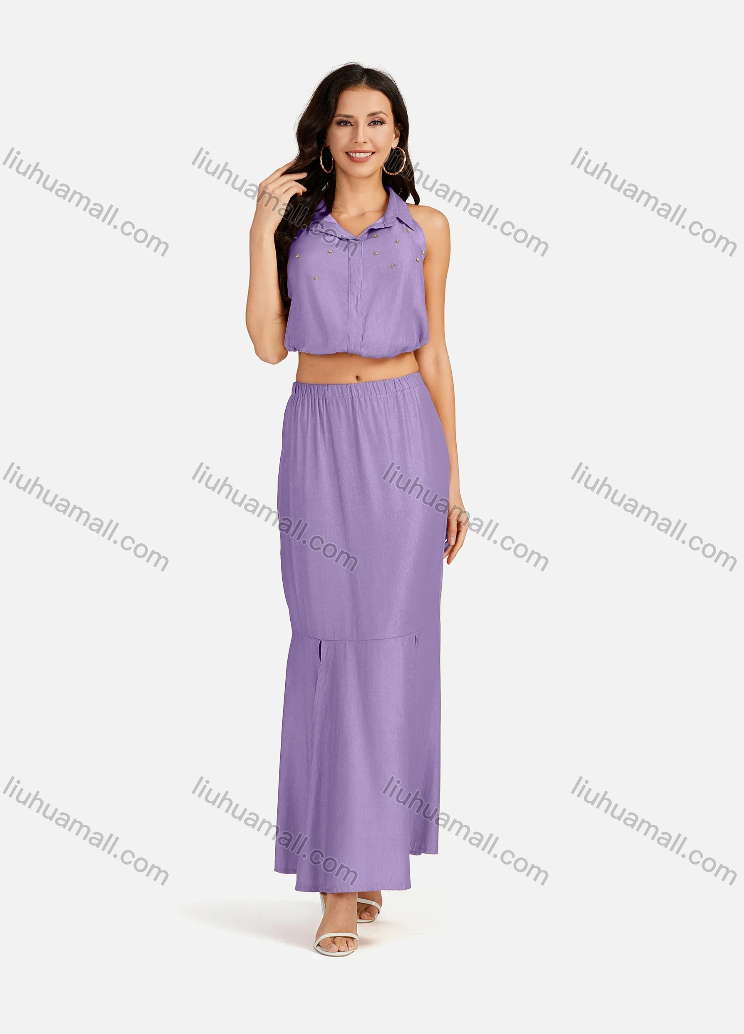 Wholesale Women's Casual Plain Collared Rhinestone Crop Top & Ruffle Split Hem Maxi Skirt 2 Pieces Set - Liuhuamall