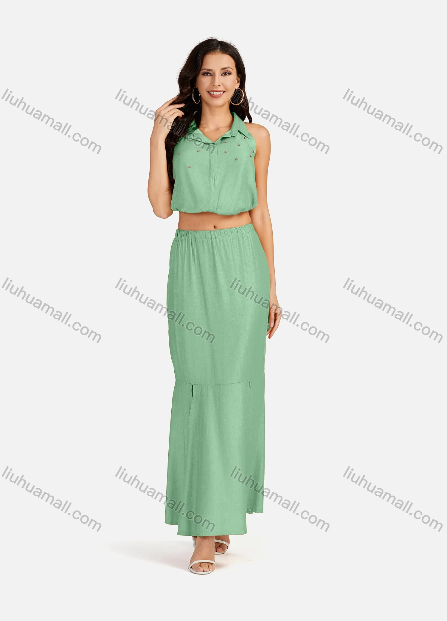 Wholesale Women's Casual Plain Collared Rhinestone Crop Top & Ruffle Split Hem Maxi Skirt 2 Pieces Set - Liuhuamall