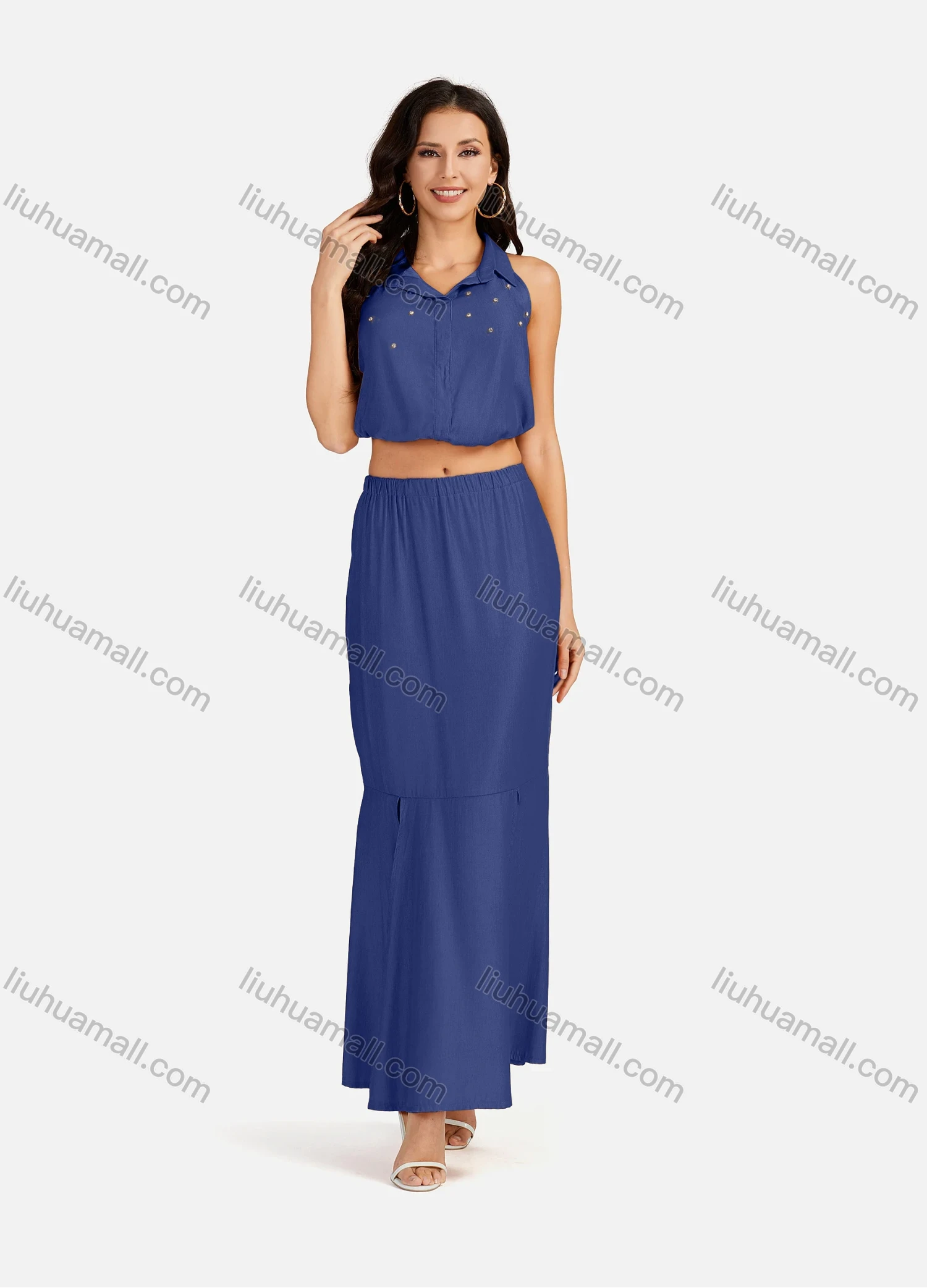 Wholesale Women's Casual Plain Collared Rhinestone Crop Top & Ruffle Split Hem Maxi Skirt 2 Pieces Set - Liuhuamall