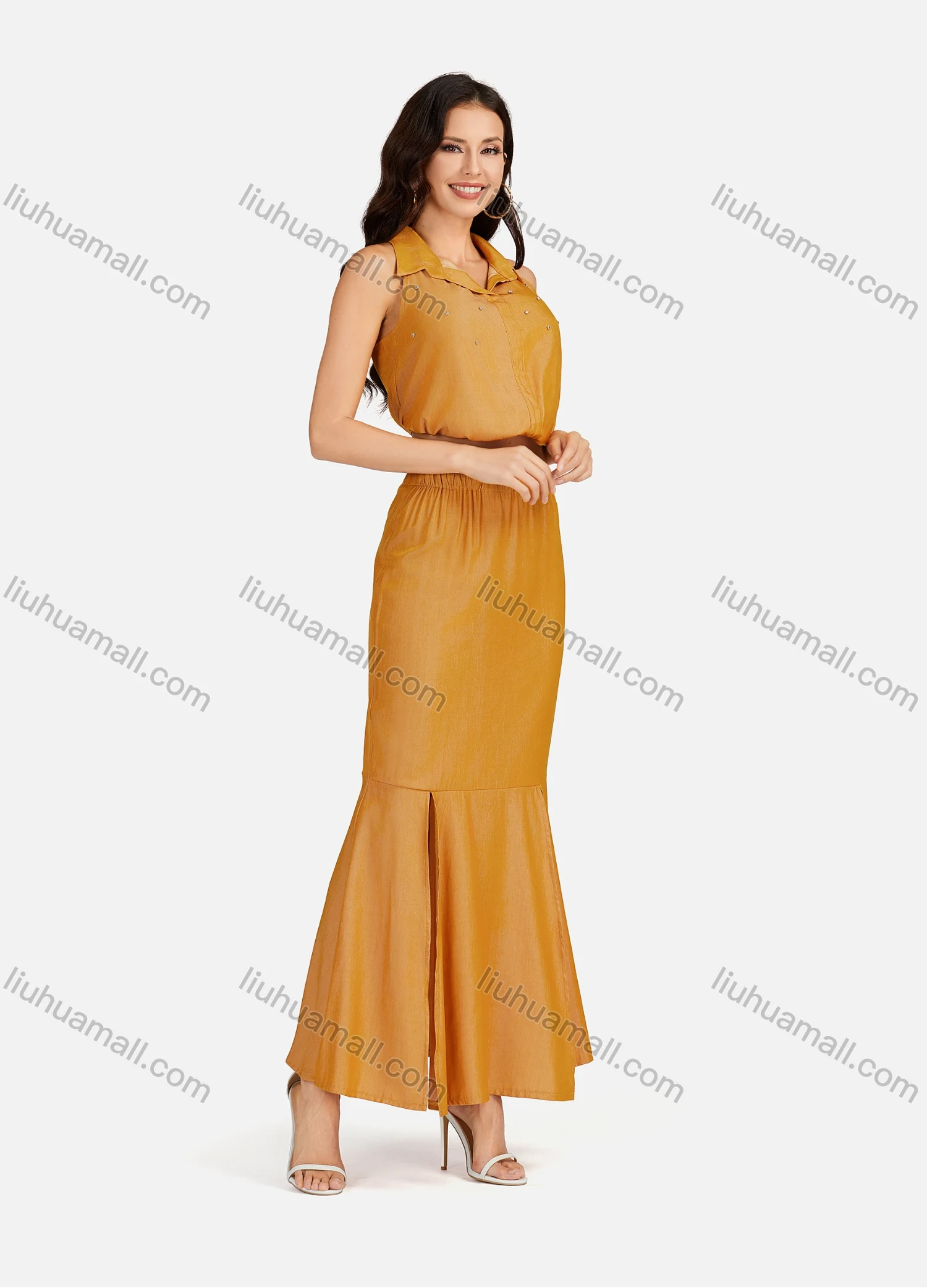 Wholesale Women's Casual Plain Collared Rhinestone Crop Top & Ruffle Split Hem Maxi Skirt 2 Pieces Set - Liuhuamall