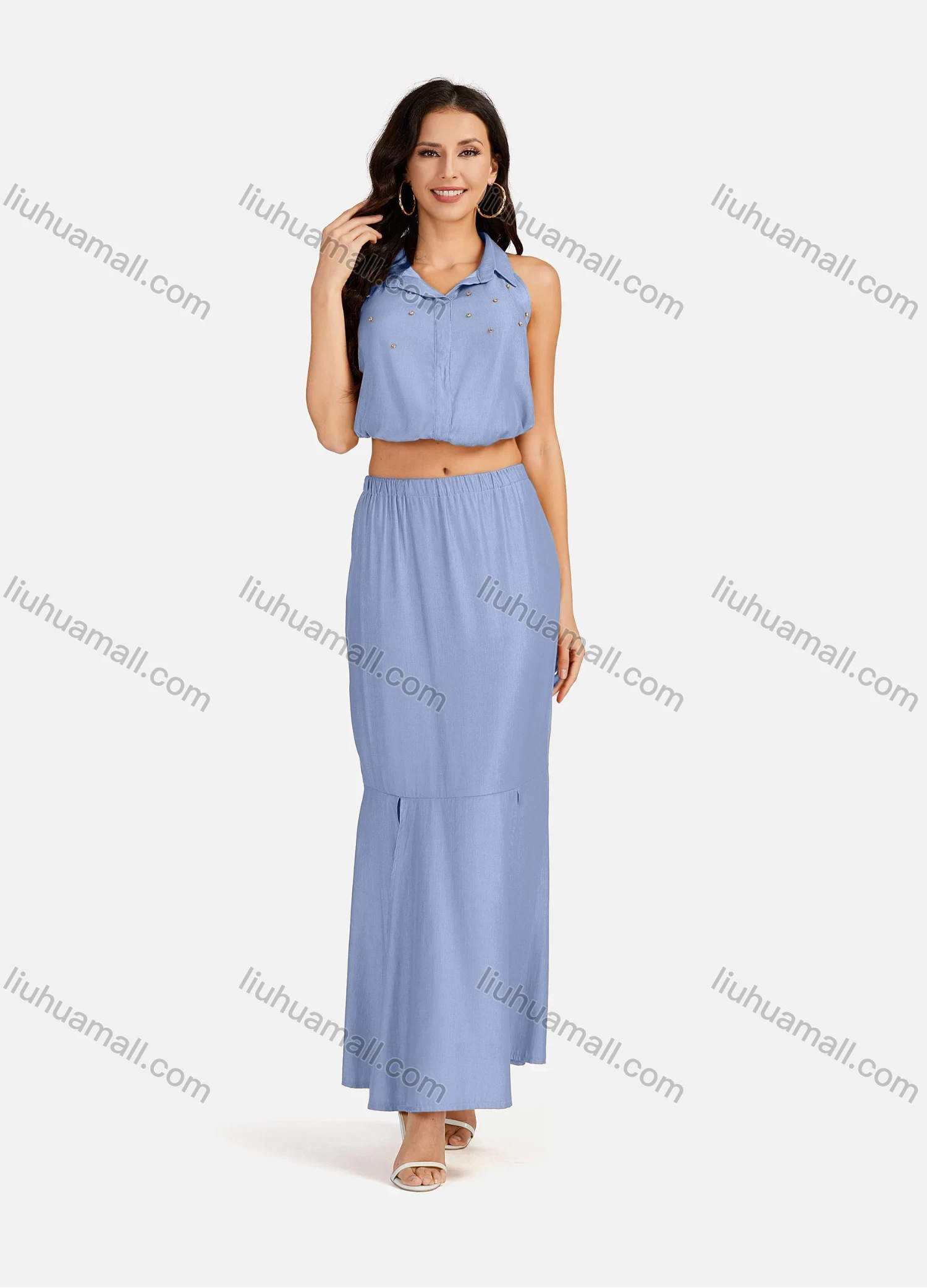 Wholesale Women's Casual Plain Collared Rhinestone Crop Top & Ruffle Split Hem Maxi Skirt 2 Pieces Set - Liuhuamall