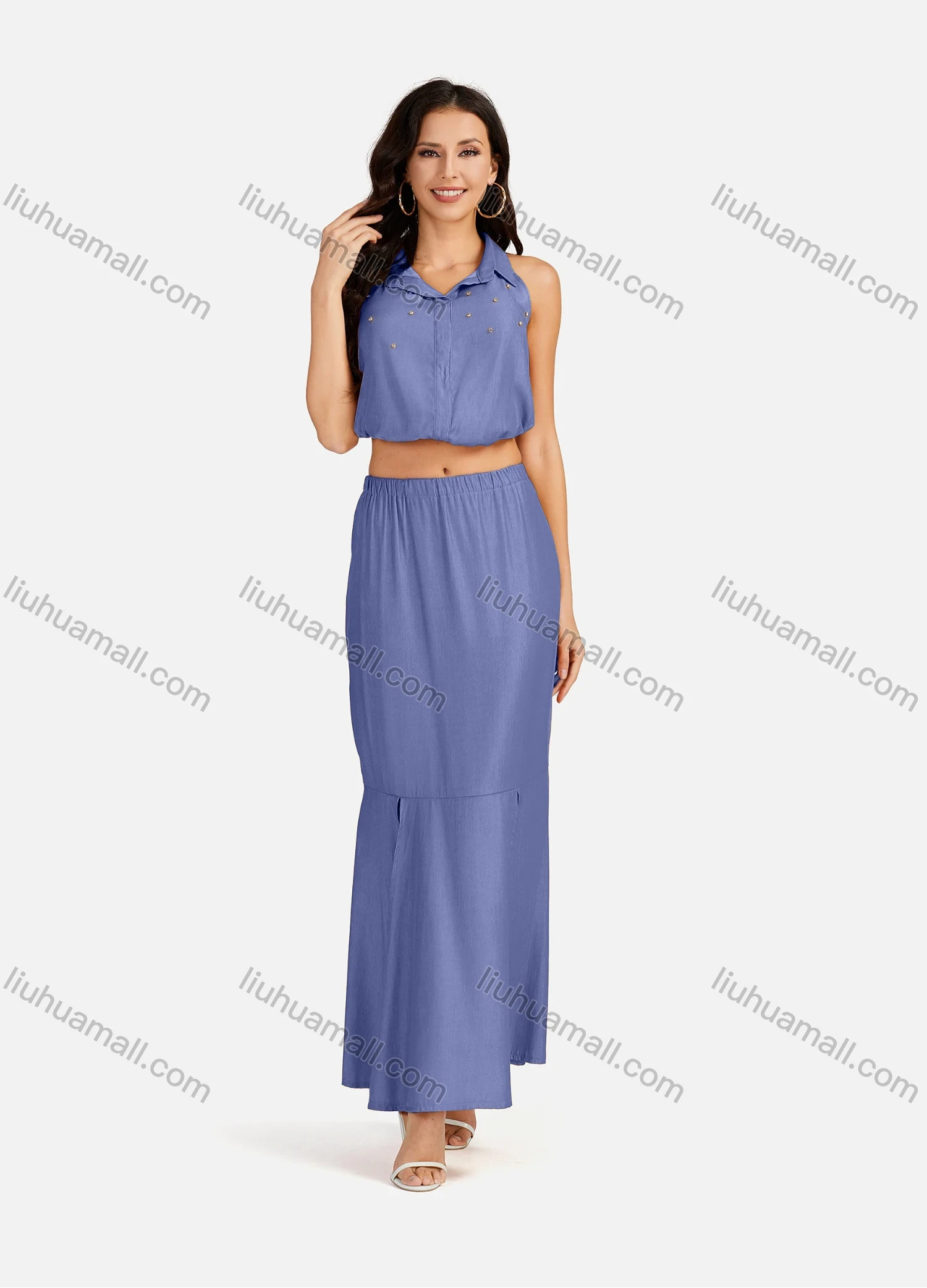 Wholesale Women's Casual Plain Collared Rhinestone Crop Top & Ruffle Split Hem Maxi Skirt 2 Pieces Set - Liuhuamall