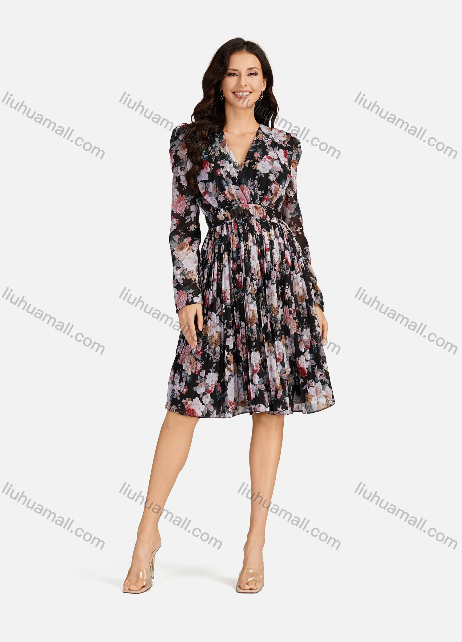 Wholesale Women's Casual Allover Print Wrap V Neck Pleated Long Sleeve Knee Length Dress - Liuhuamall