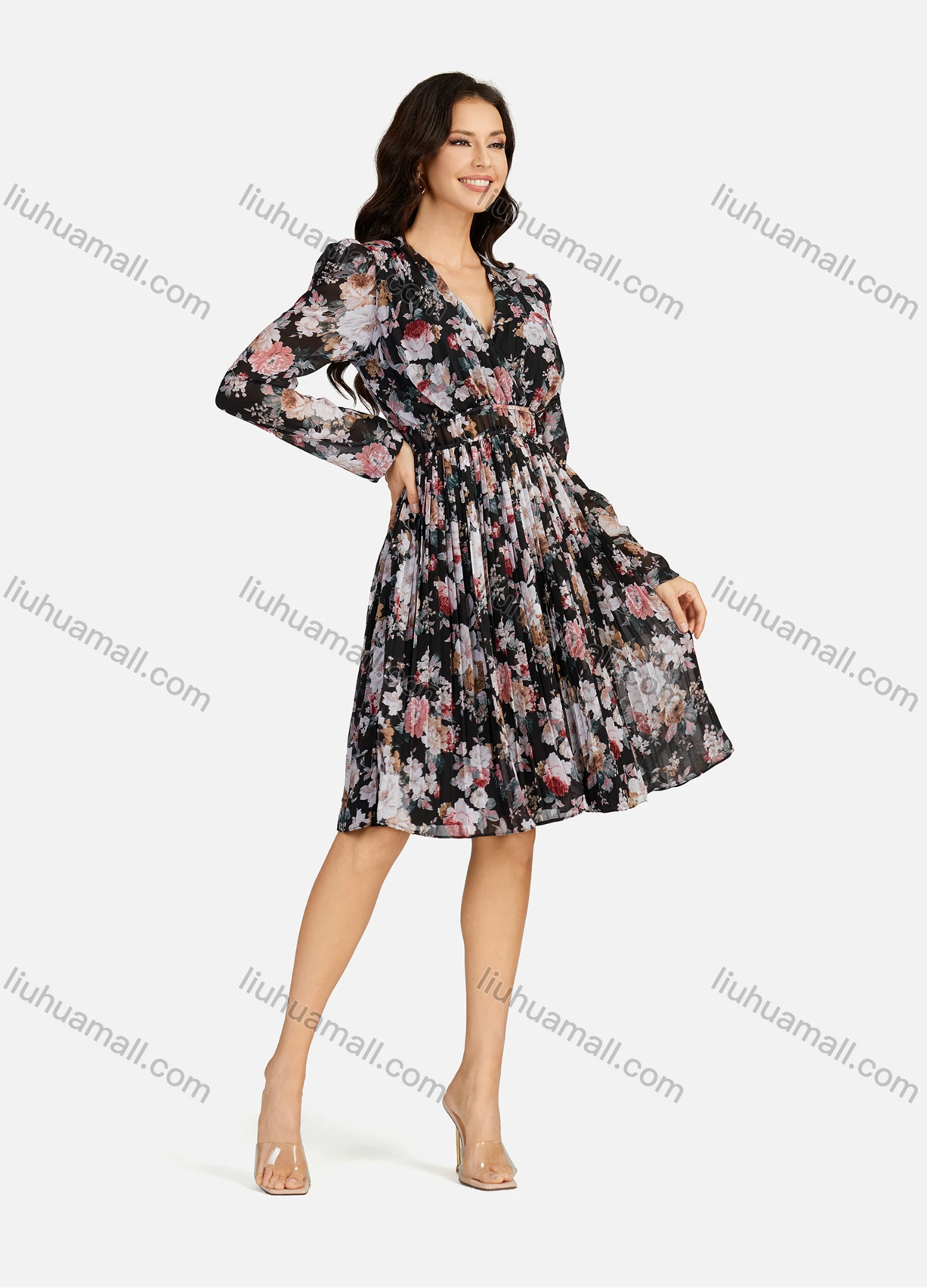Wholesale Women's Casual Allover Print Wrap V Neck Pleated Long Sleeve Knee Length Dress - Liuhuamall