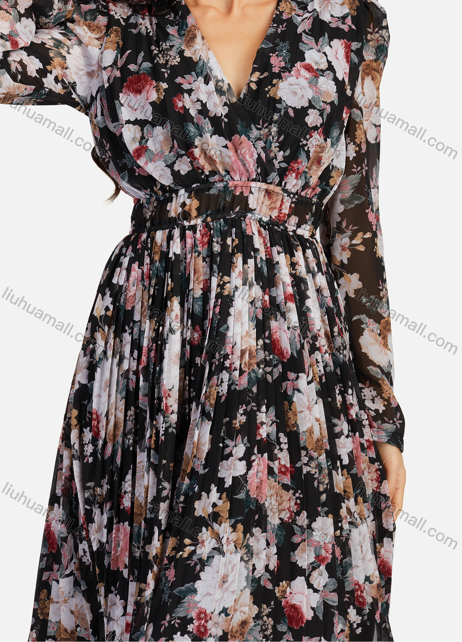 Wholesale Women's Casual Allover Print Wrap V Neck Pleated Long Sleeve Knee Length Dress - Liuhuamall