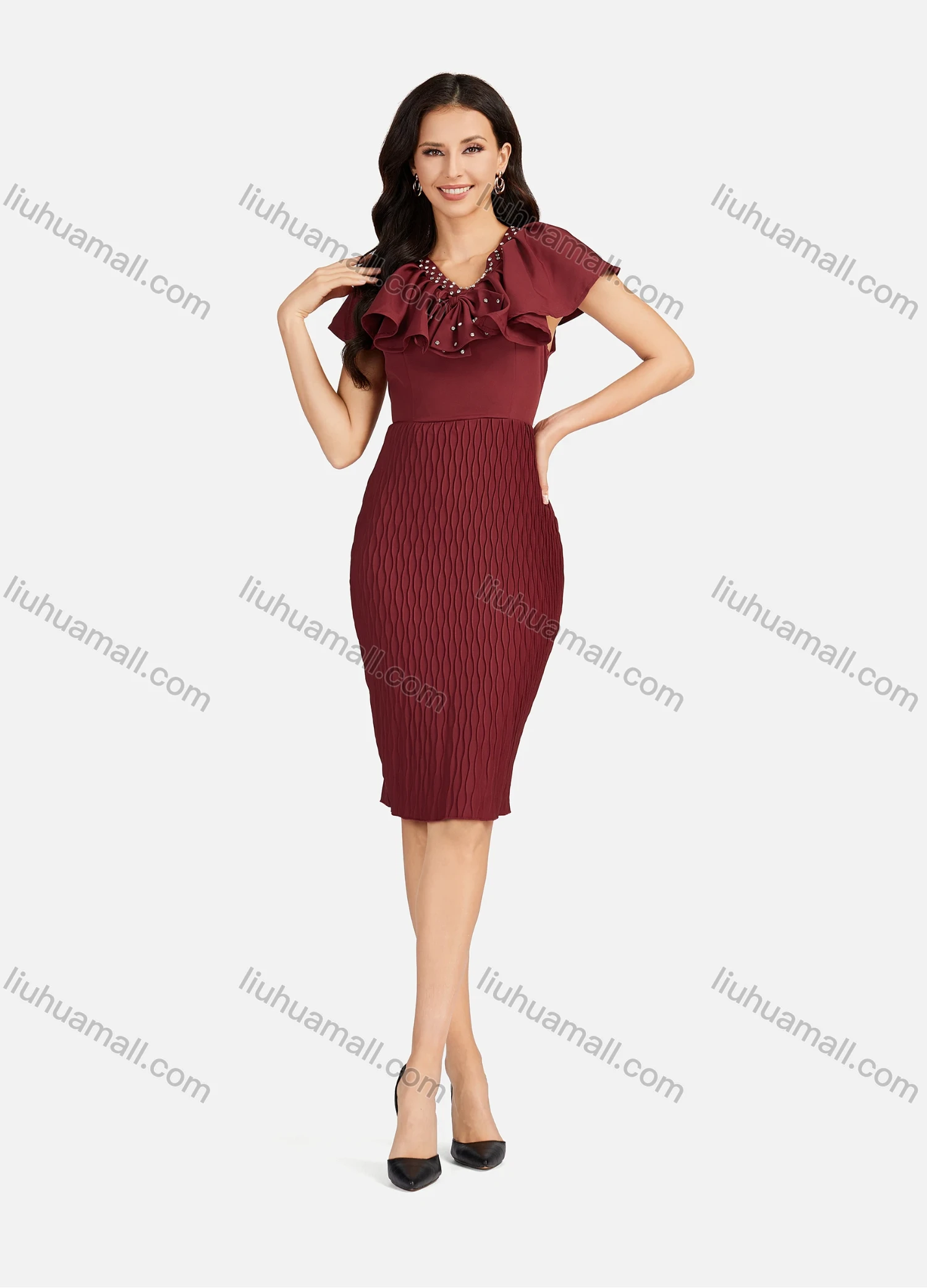 Wholesale Women's Casual Rhinestone Ruffle Trim Honeycomb Splicing V Neck Slit Hem Cocktail Dress - Liuhuamall