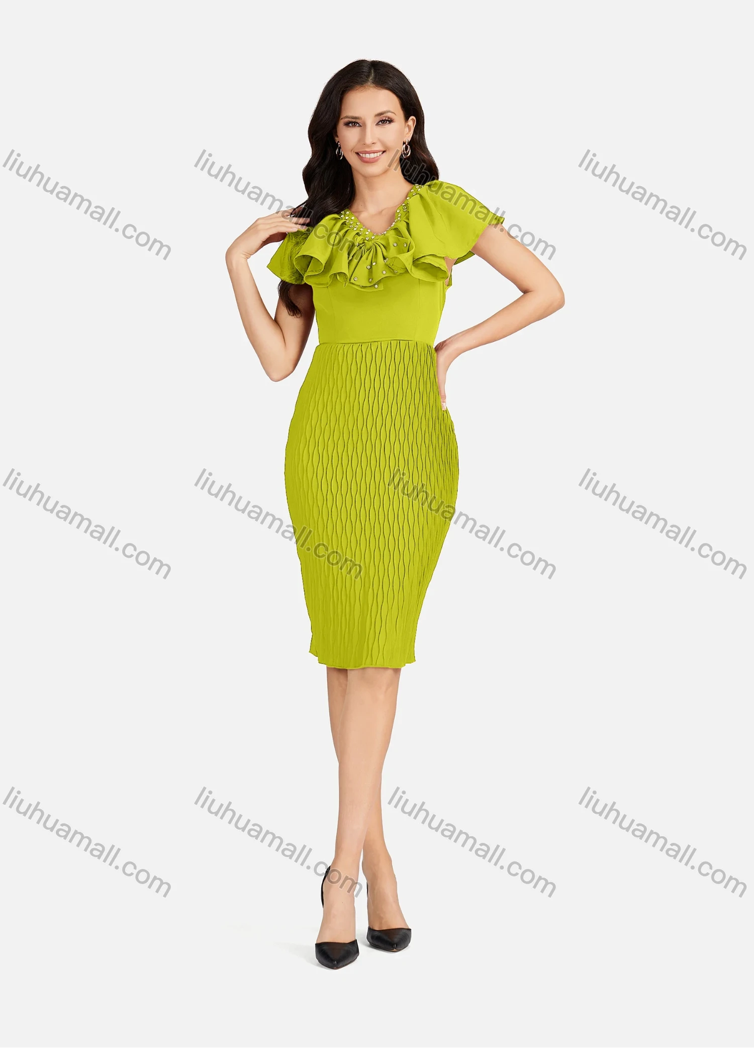 Wholesale Women's Casual Rhinestone Ruffle Trim Honeycomb Splicing V Neck Slit Hem Cocktail Dress - Liuhuamall