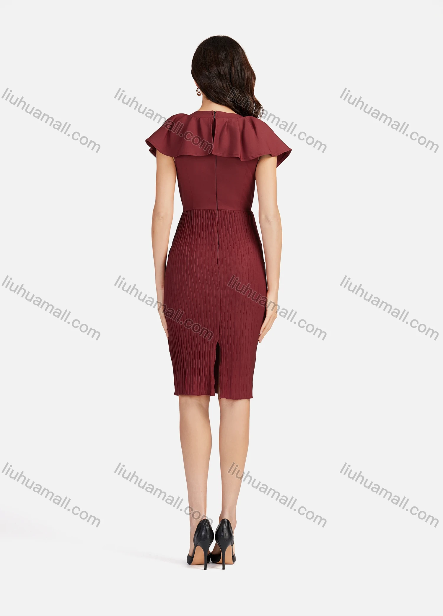 Wholesale Women's Casual Rhinestone Ruffle Trim Honeycomb Splicing V Neck Slit Hem Cocktail Dress - Liuhuamall