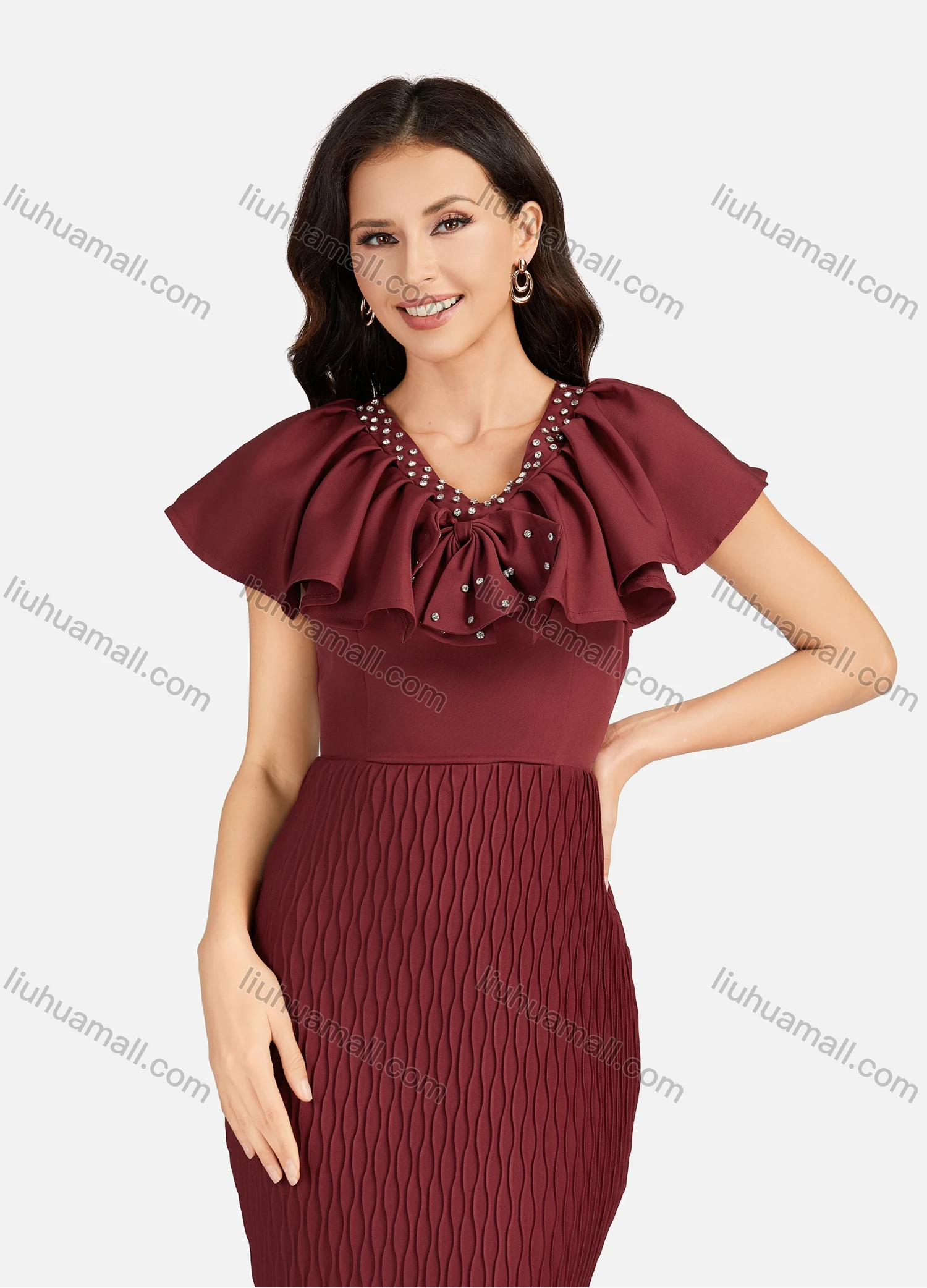 Wholesale Women's Casual Rhinestone Ruffle Trim Honeycomb Splicing V Neck Slit Hem Cocktail Dress - Liuhuamall