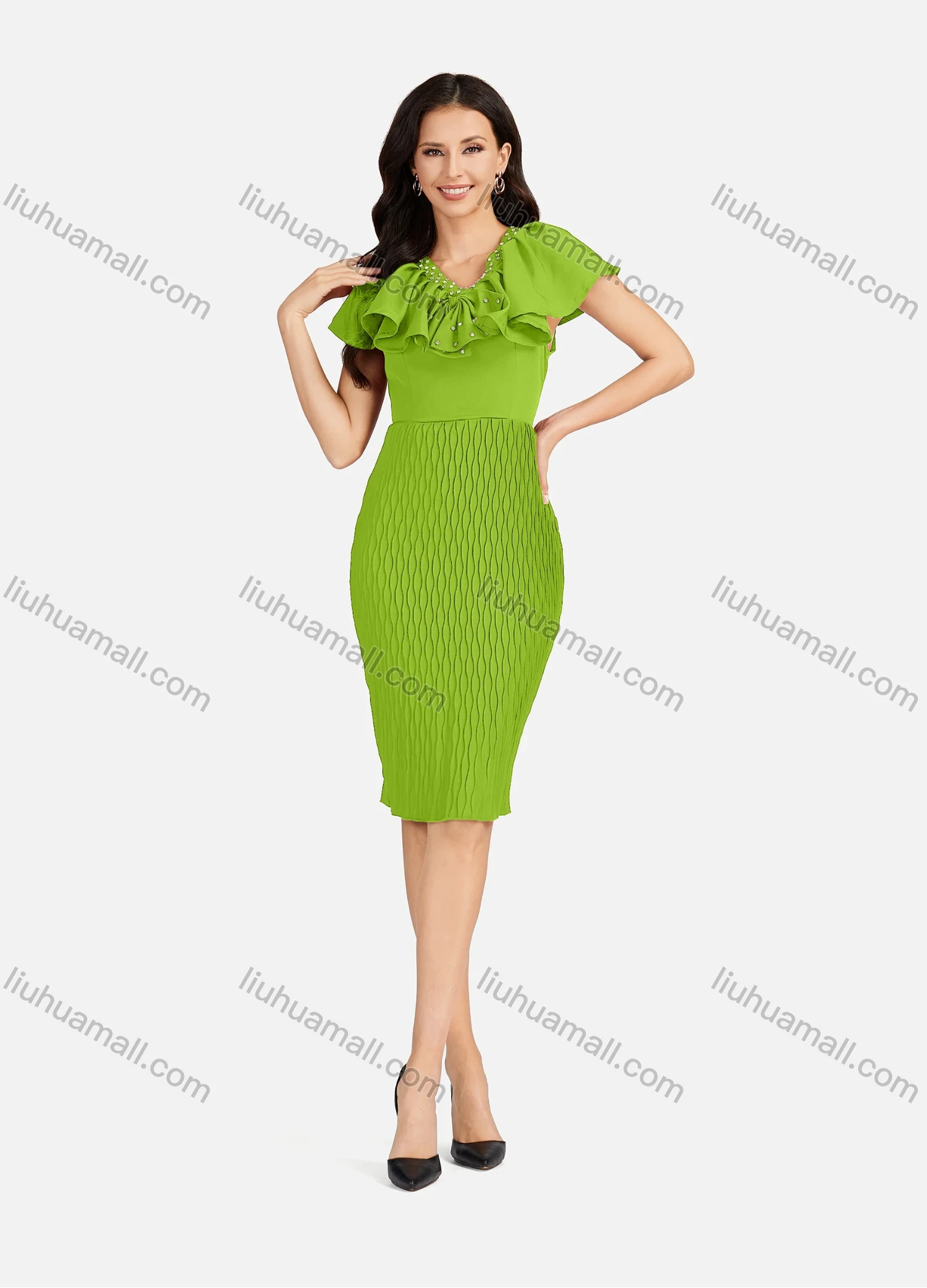 Wholesale Women's Casual Rhinestone Ruffle Trim Honeycomb Splicing V Neck Slit Hem Cocktail Dress - Liuhuamall