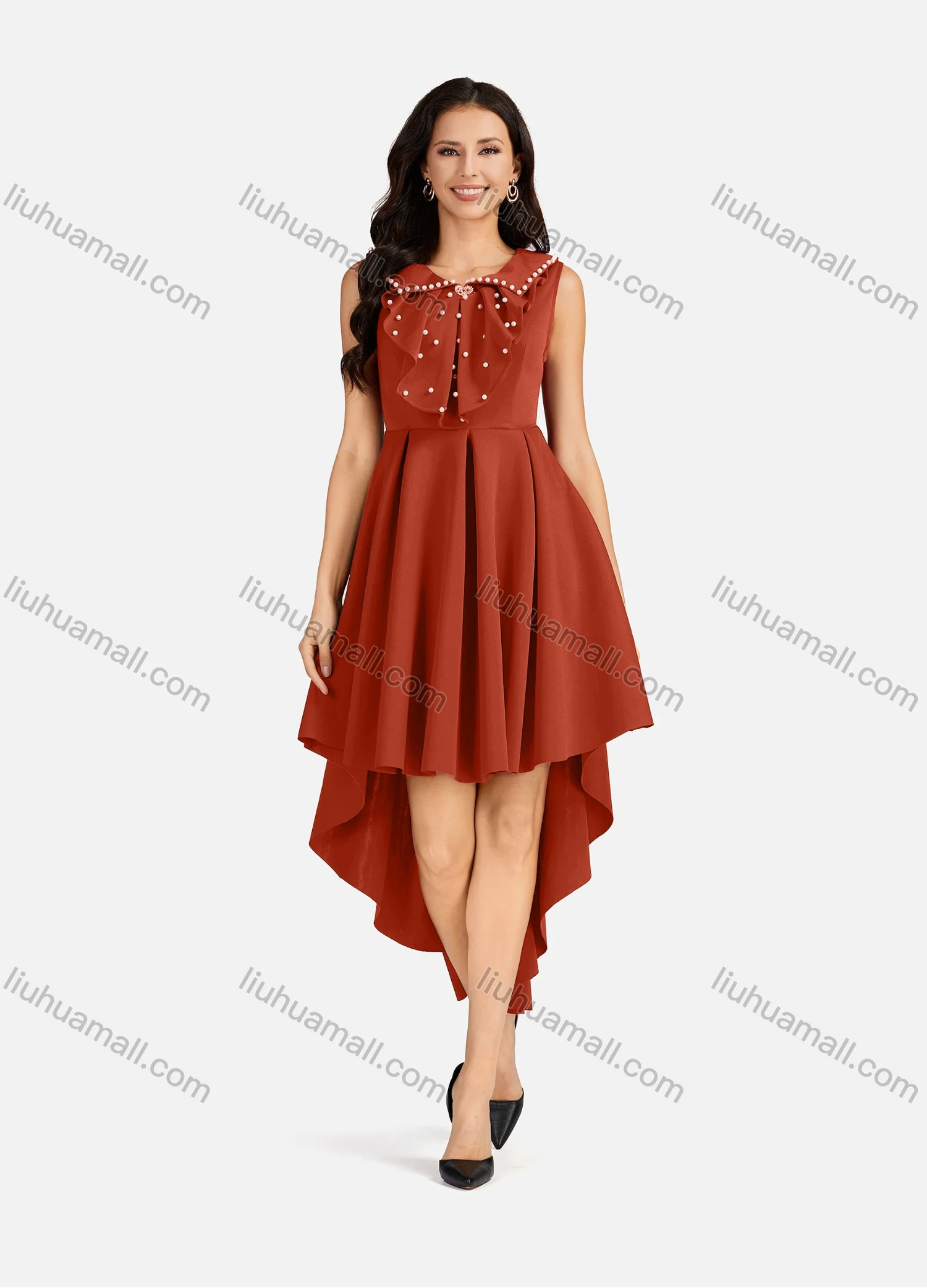 Wholesale Women's Pearl Decor Peter Pan Collar High Low Hem Short Cocktail Dress - Liuhuamall