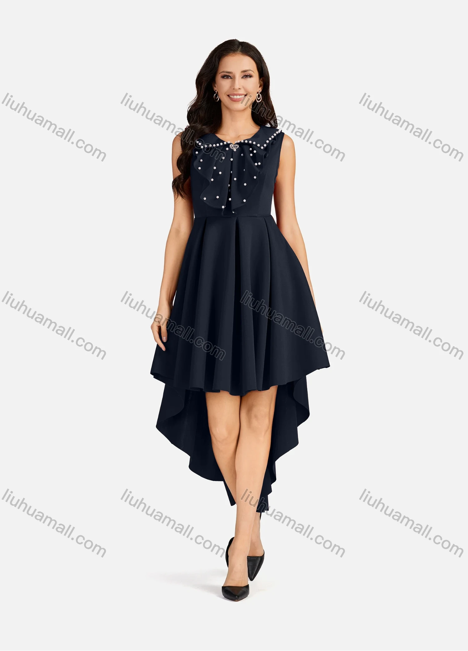 Wholesale Women's Pearl Decor Peter Pan Collar High Low Hem Short Cocktail Dress - Liuhuamall
