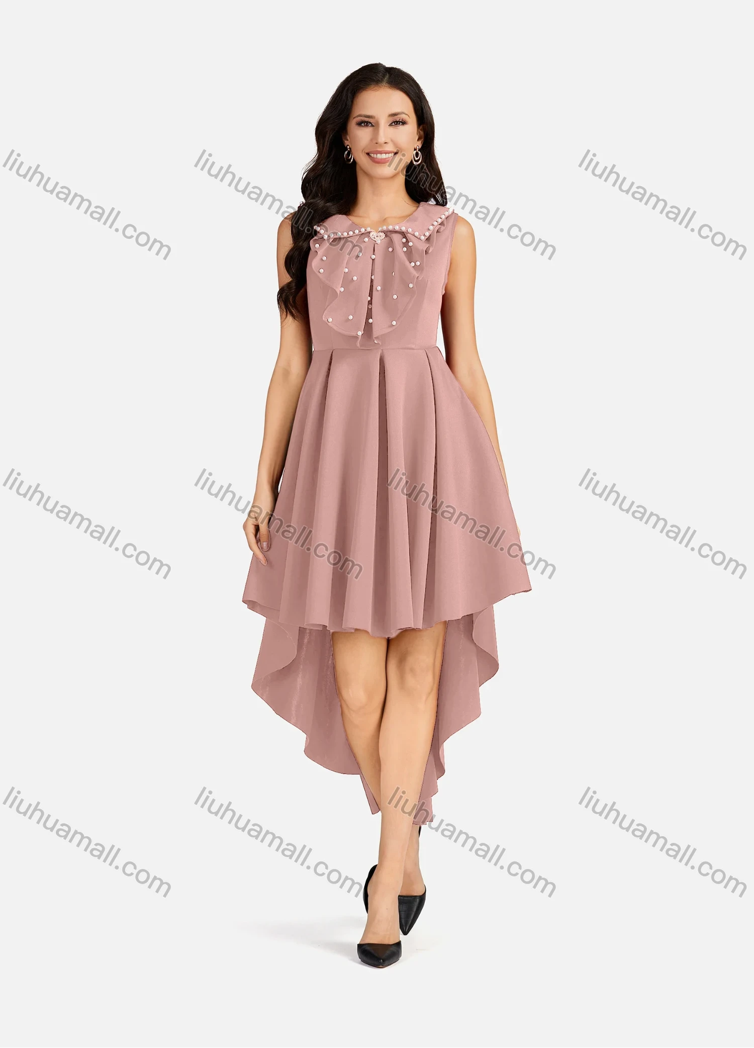 Wholesale Women's Pearl Decor Peter Pan Collar High Low Hem Short Cocktail Dress - Liuhuamall