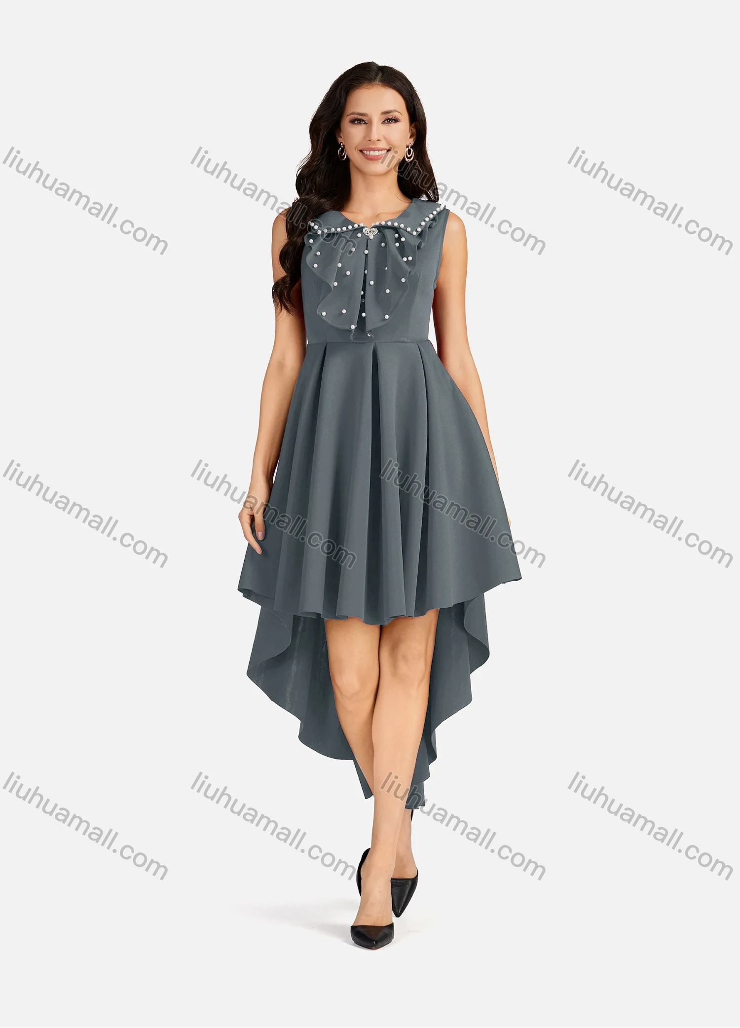Wholesale Women's Pearl Decor Peter Pan Collar High Low Hem Short Cocktail Dress - Liuhuamall