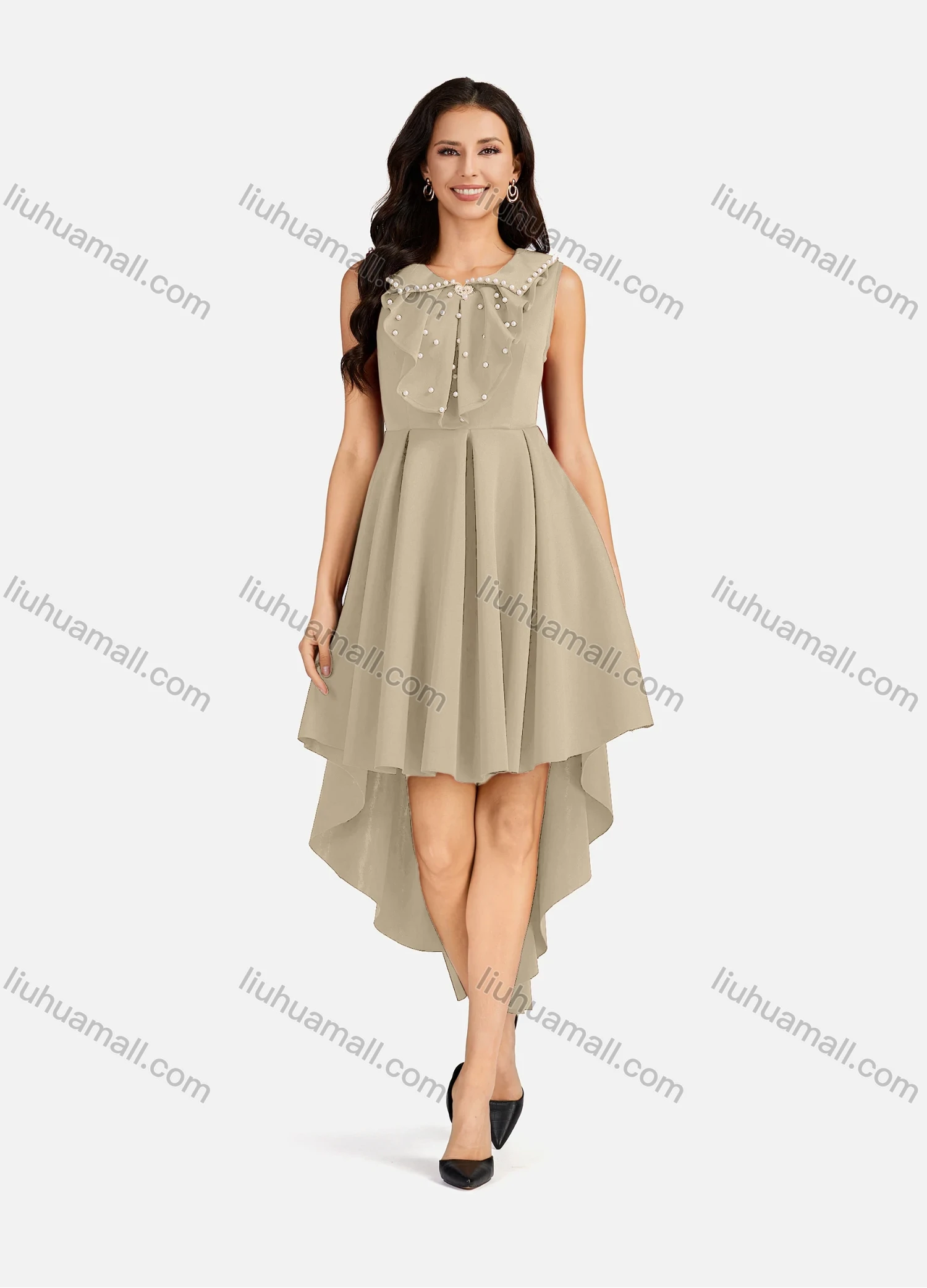 Wholesale Women's Pearl Decor Peter Pan Collar High Low Hem Short Cocktail Dress - Liuhuamall