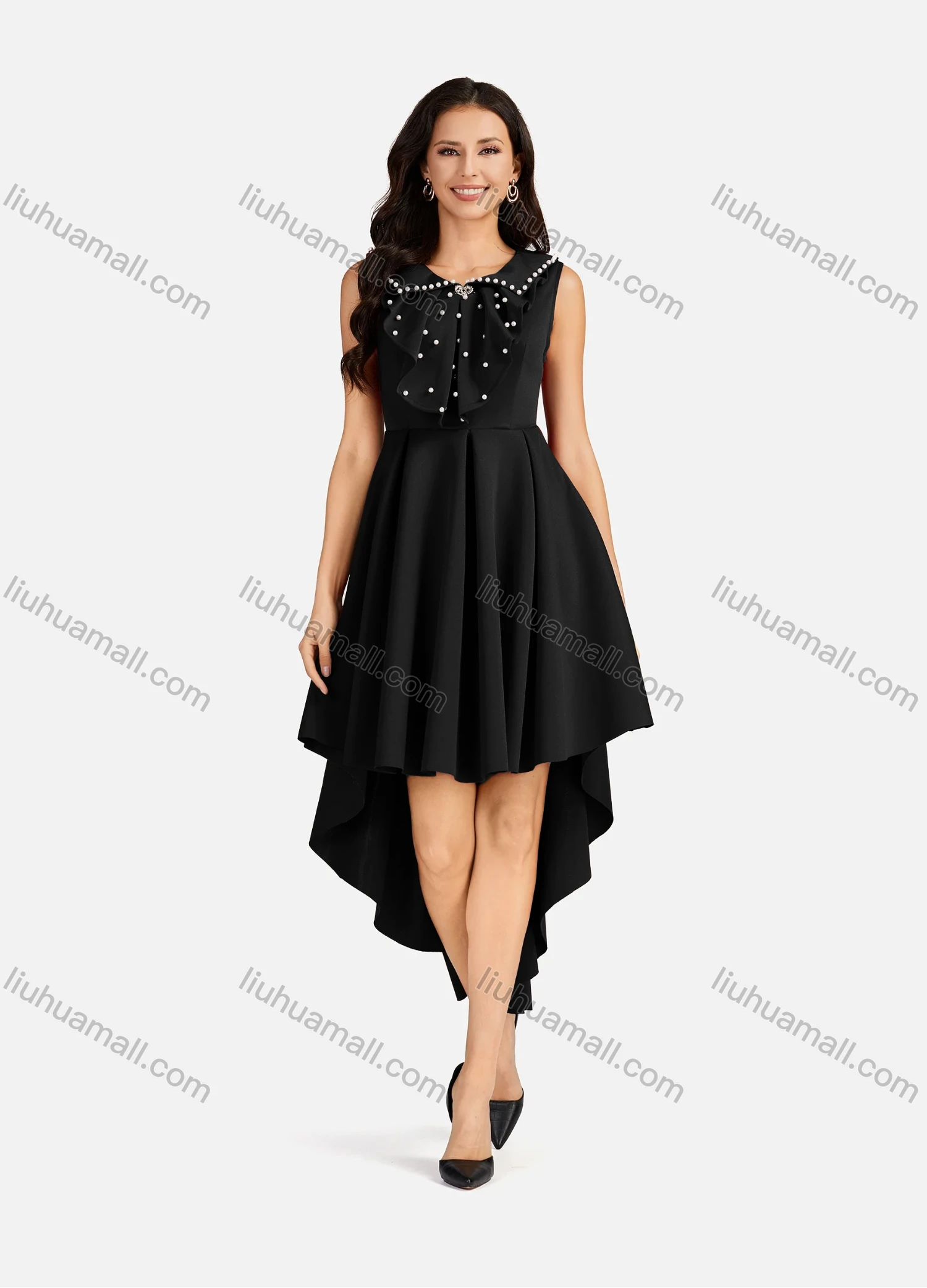 Wholesale Women's Pearl Decor Peter Pan Collar High Low Hem Short Cocktail Dress - Liuhuamall