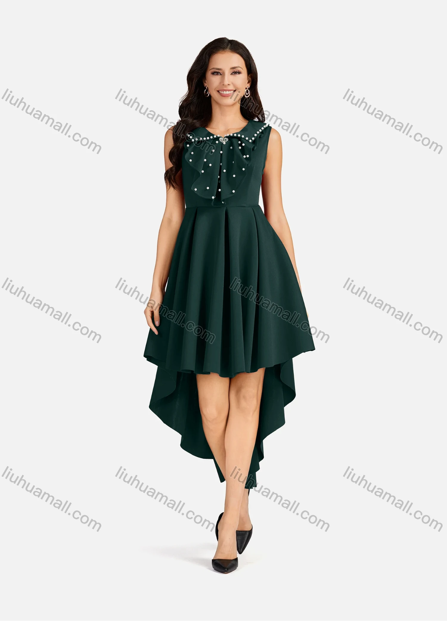 Wholesale Women's Pearl Decor Peter Pan Collar High Low Hem Short Cocktail Dress - Liuhuamall