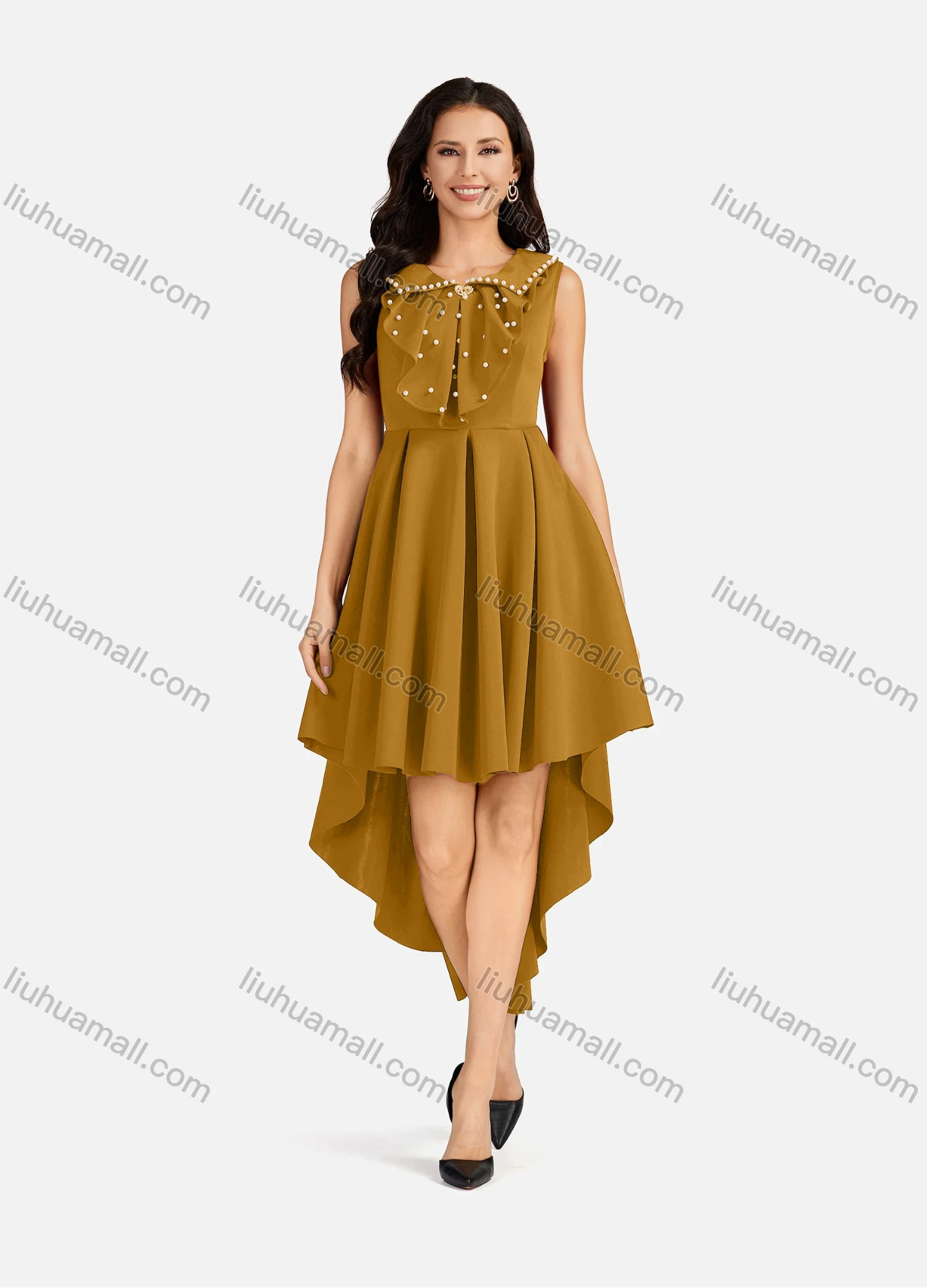Wholesale Women's Pearl Decor Peter Pan Collar High Low Hem Short Cocktail Dress - Liuhuamall