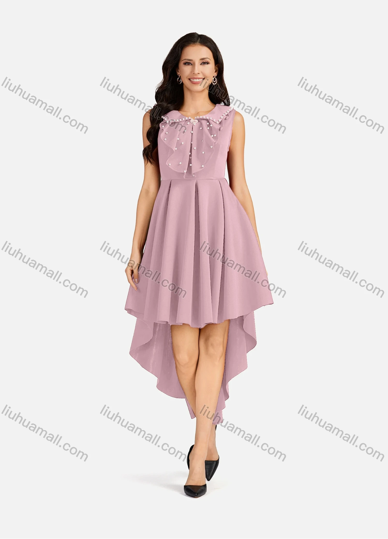 Wholesale Women's Pearl Decor Peter Pan Collar High Low Hem Short Cocktail Dress - Liuhuamall