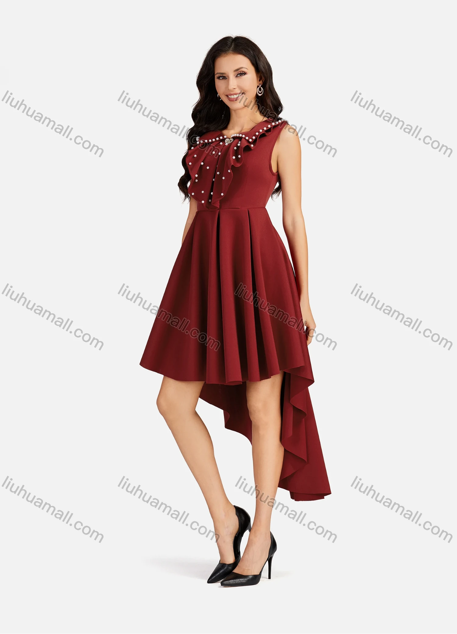 Wholesale Women's Pearl Decor Peter Pan Collar High Low Hem Short Cocktail Dress - Liuhuamall
