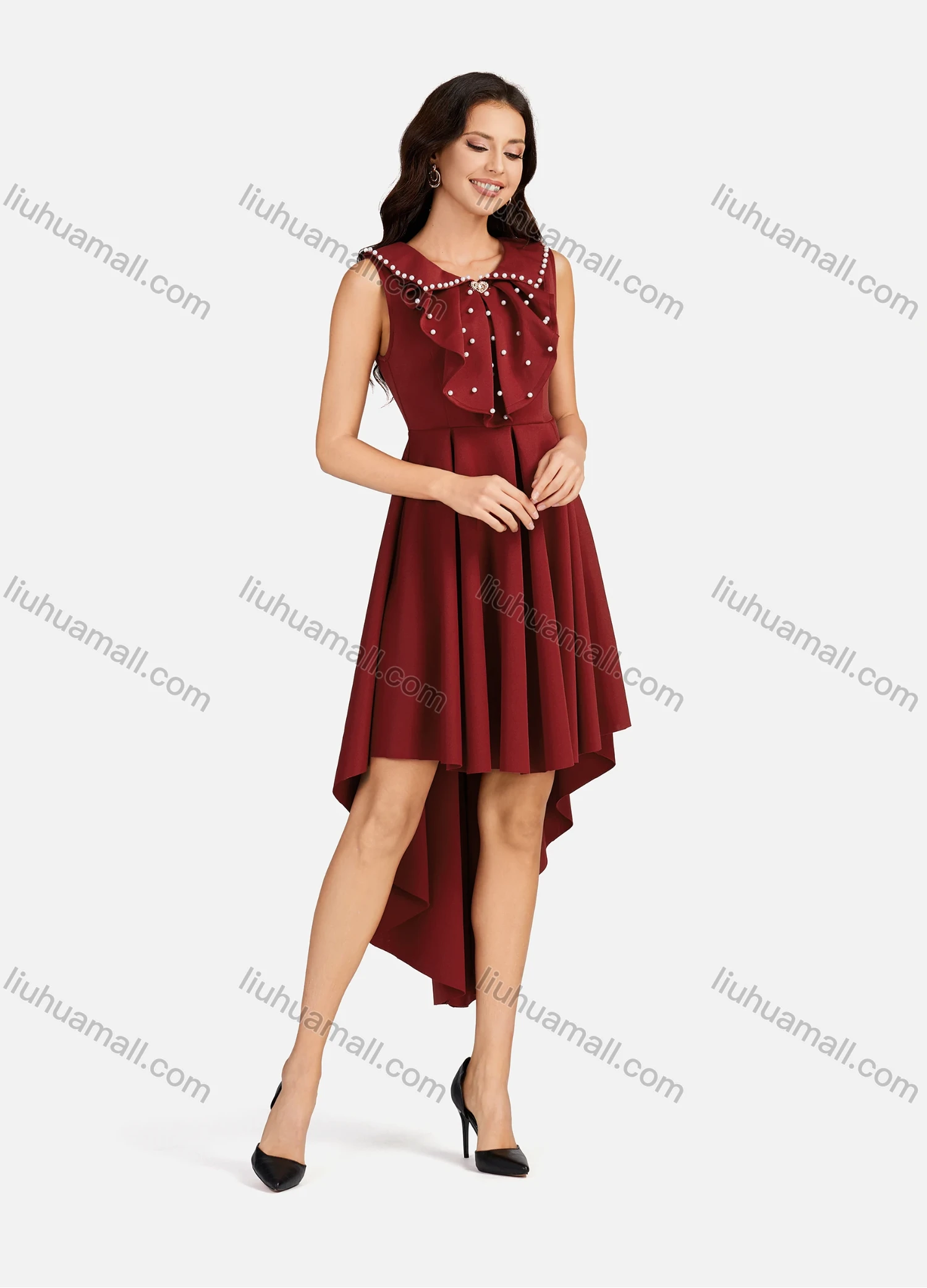 Wholesale Women's Pearl Decor Peter Pan Collar High Low Hem Short Cocktail Dress - Liuhuamall