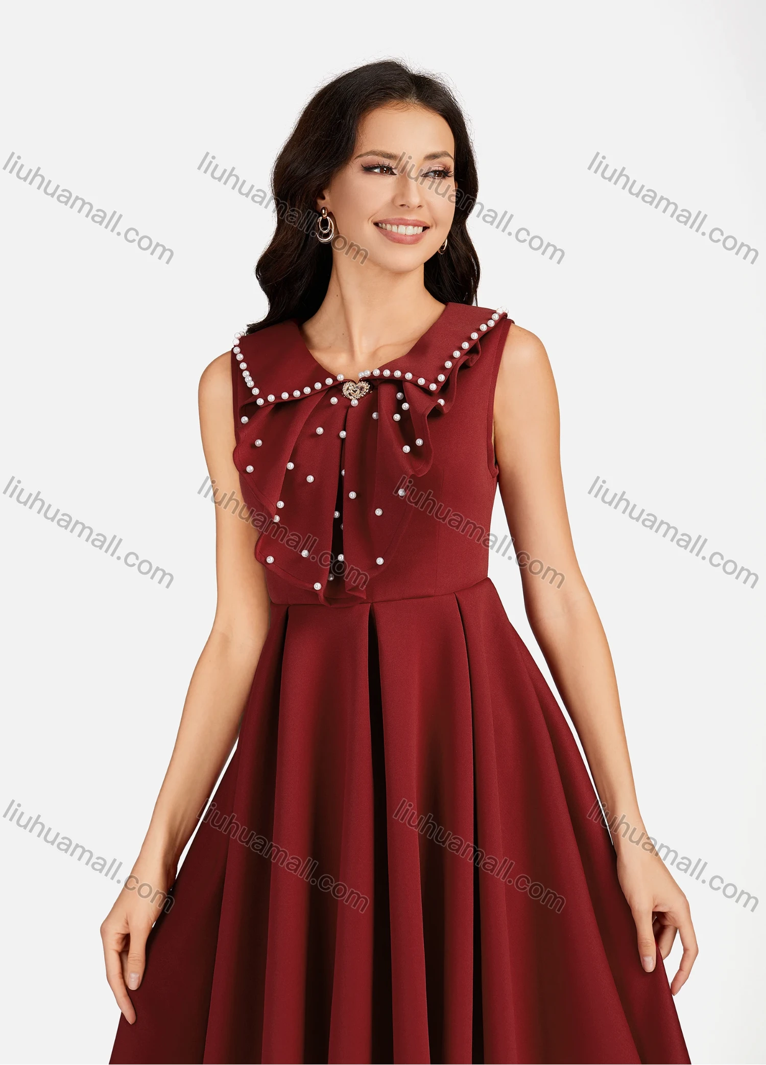 Wholesale Women's Pearl Decor Peter Pan Collar High Low Hem Short Cocktail Dress - Liuhuamall