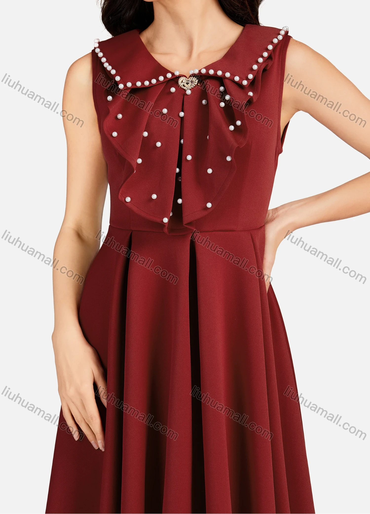 Wholesale Women's Pearl Decor Peter Pan Collar High Low Hem Short Cocktail Dress - Liuhuamall