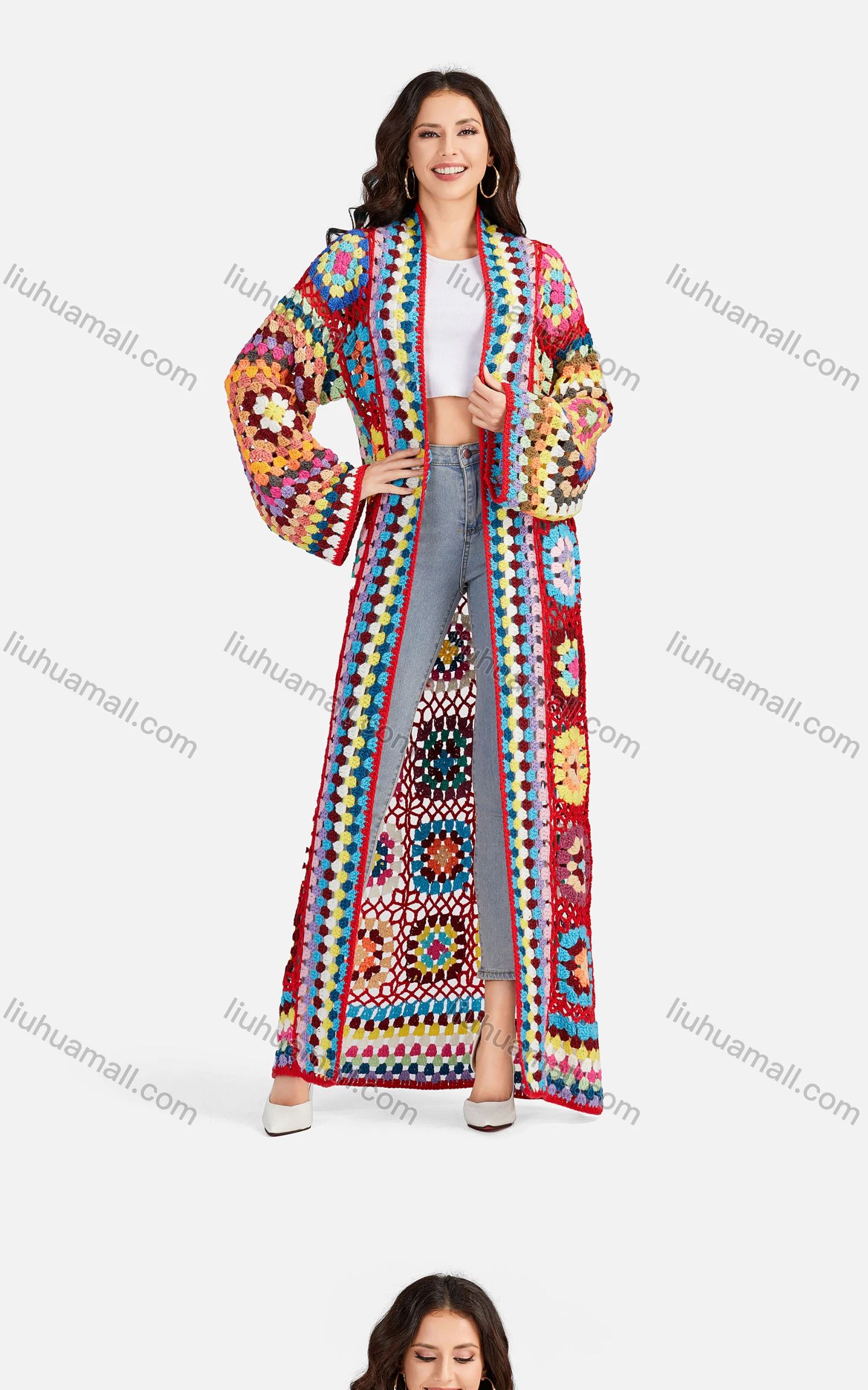 Wholesale Women's Casual Long Sleeve Open Front Floral Crochet Long Cardigan A497# - Liuhuamall